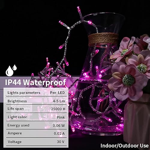 Miniatura 5 de Luces LED de Navidad rosadas, mini tira de luces rosadas enchufables, 8 modos de luces rosas de Navidad al aire libre para árbol, decoración de