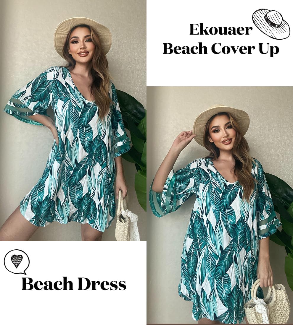 Ekouaer Women's Swimsuit Cover Up 3/4 Bell Sleeve Beachwear Coverups Deep V-Neck Bikini Beach Dress S-3XL - Image 2