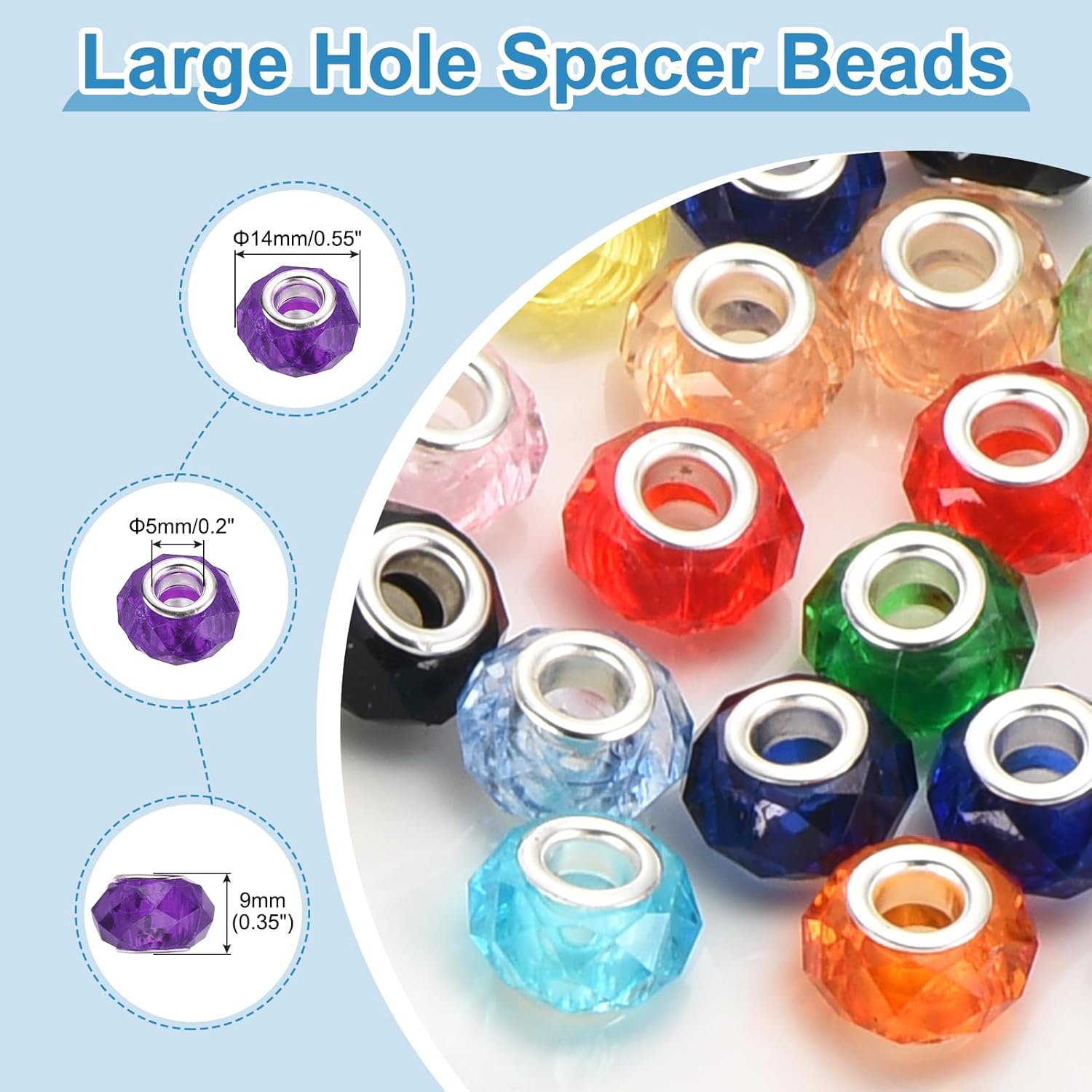 uxcell 100 Pcs European Large Hole Beads 14mm Bulk Large Hole Spacer Beads Acrylic Craft Spacer Charm for Pens DIY Necklace Bracelet Jewelry Making, Deep Deep Purple - Image 2