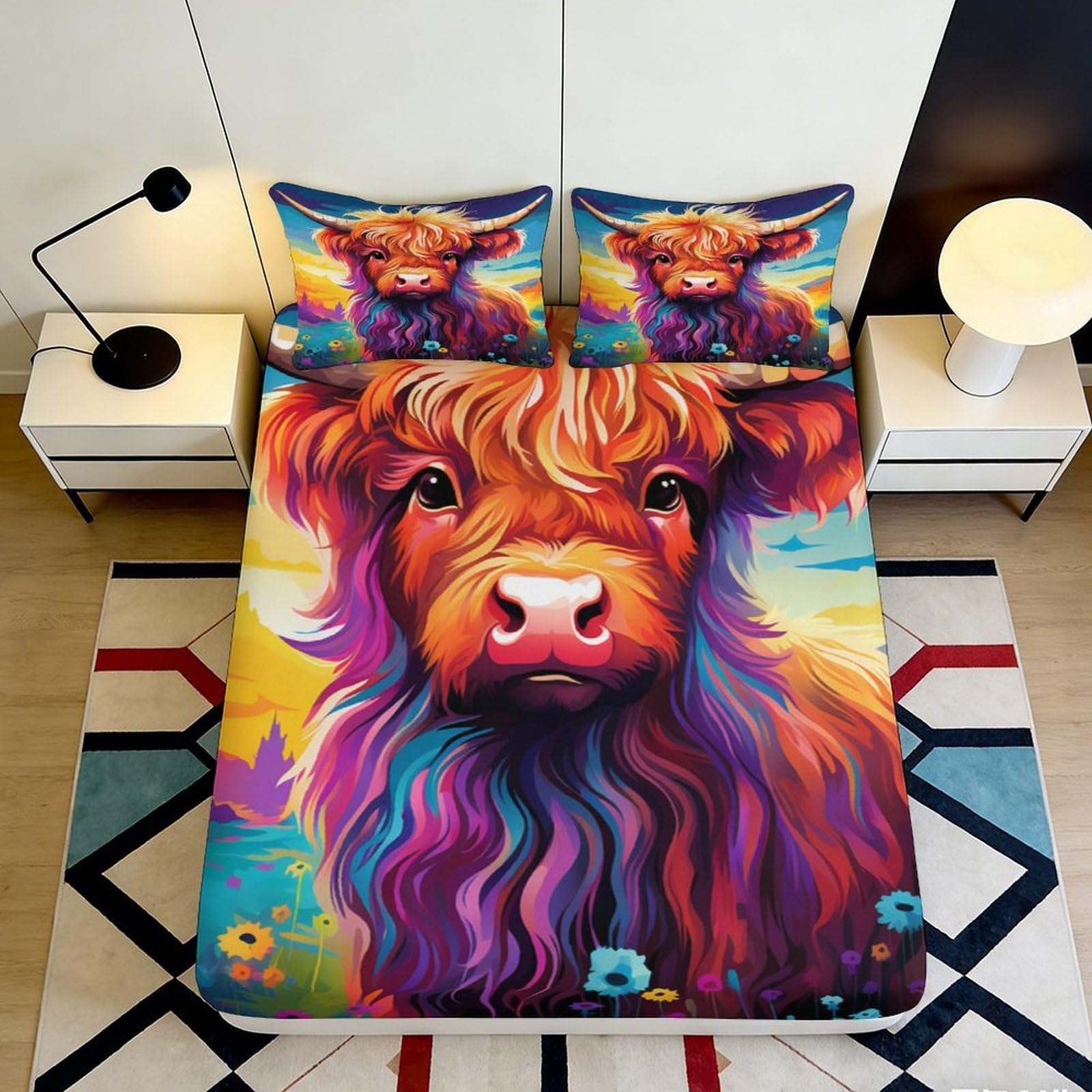 3D Printed Highland Cow Fitted Sheet Microfiber Colourful Animal Mattress Cover for Bedroom Dorm Mattress Protection Decor 120x200x25cm