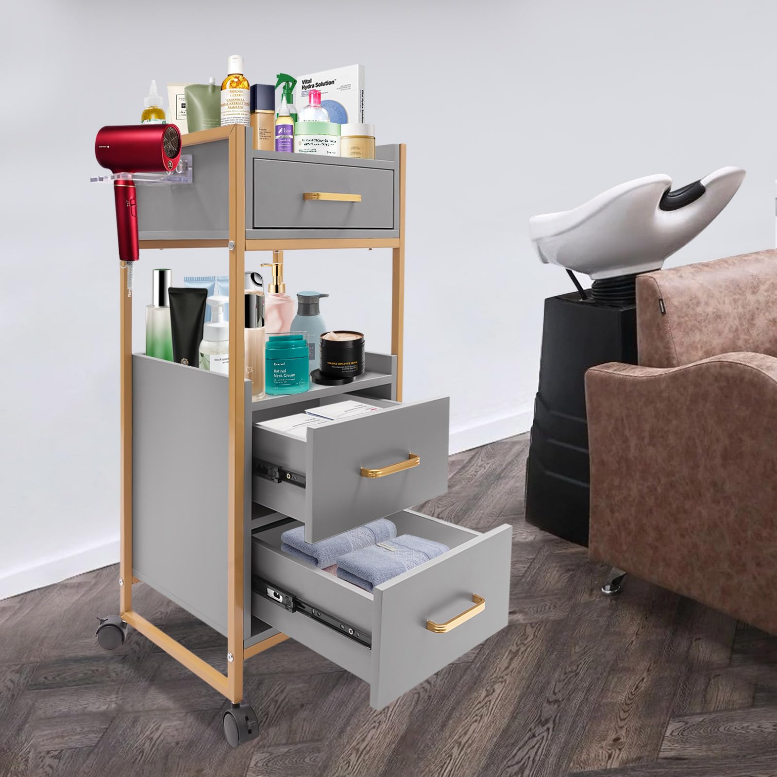 Carrito de cosméticos con ruedas, 3 cajones y soporte para secador, carrito auxiliar con armario, carrito de trabajo moderno para baño y sala de estar (Gris)