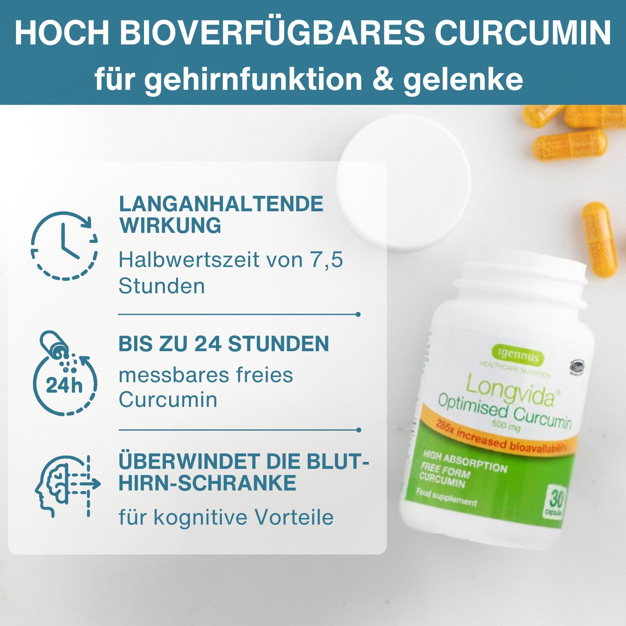 Longvida Curcumin 500 mg, hochdosiert, 285x höhere Bioverfügbarkeit als standard Kurkumin, sichere Langzeitanwendung, vegan, 30 Kapseln