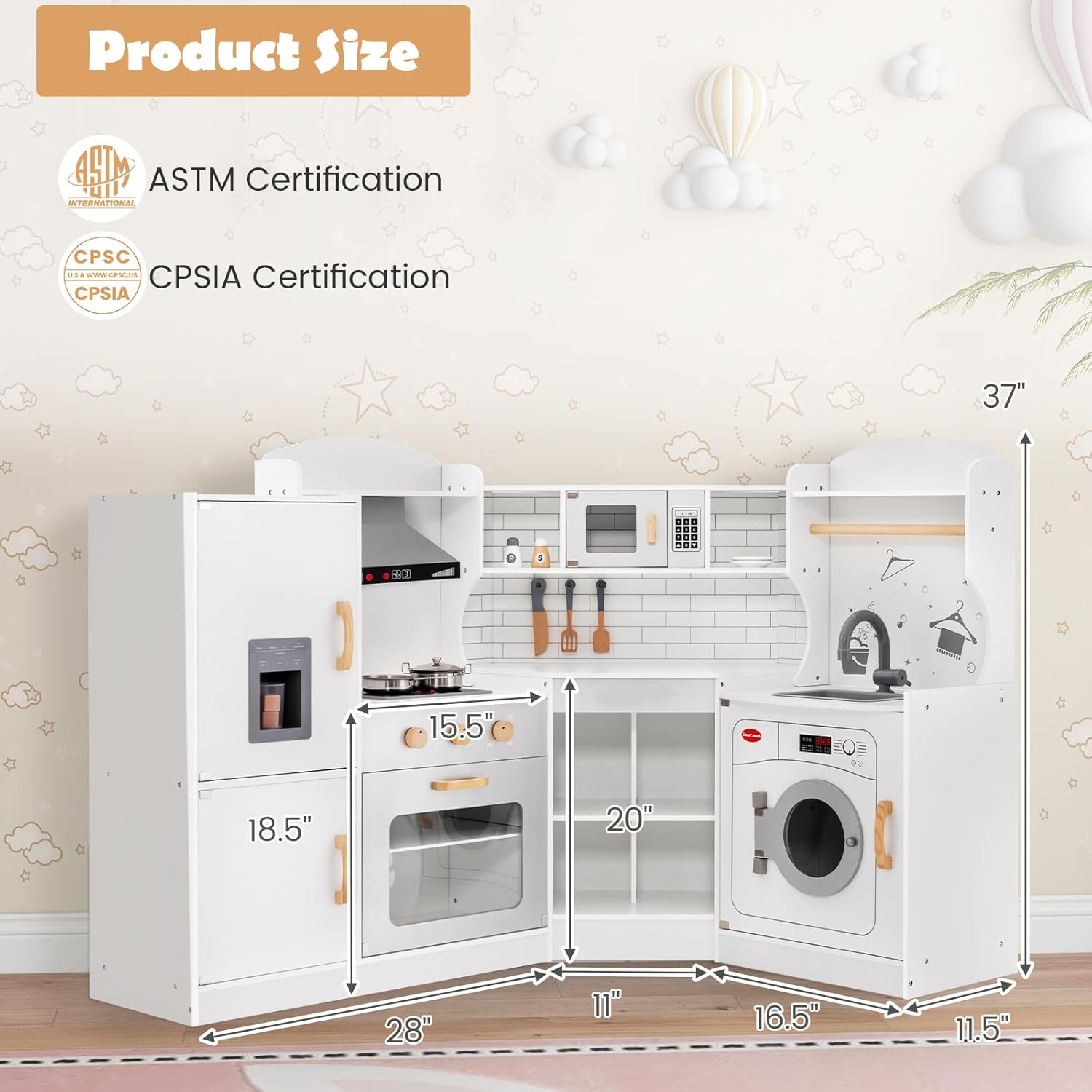 Kids Kitchen Playset, Wooden Toy with Ice Maker, Washing Machine, Microwave, Interactive Play with Lights and Sounds, Pretend Play Corner Kitchen for Girls and Boys