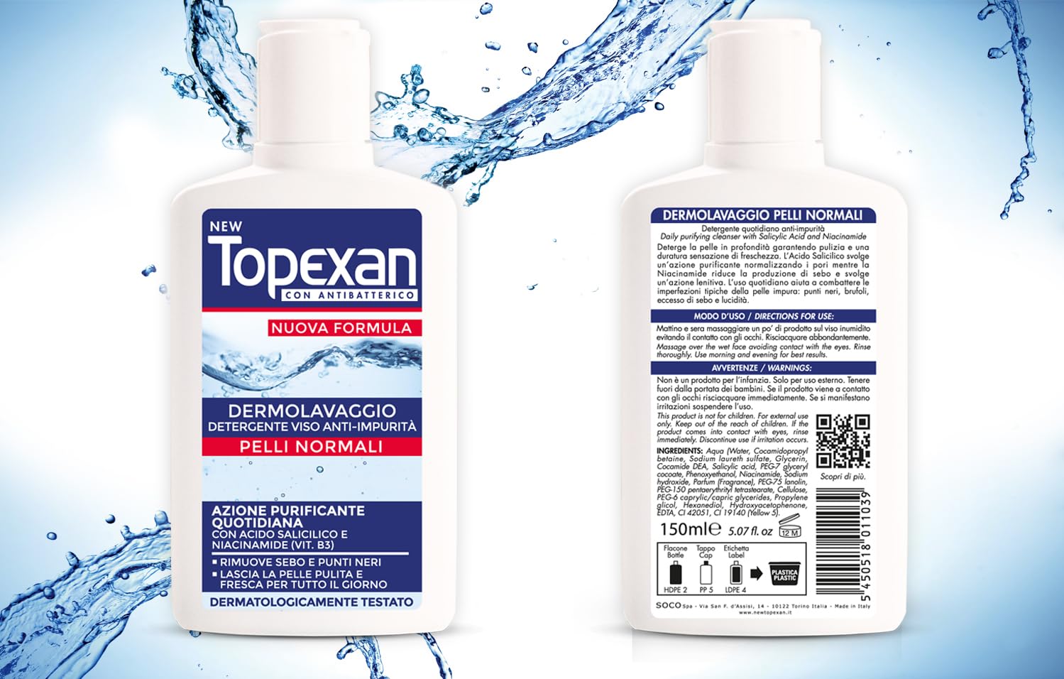 NEW TOPEXAN Dermolavaggio Anti-impurità - Detergente viso ad azione purificante - con Acido Salicilico e Niacinamide - Rimuove sebo e punti neri - Uso quotidiano - 150ml
