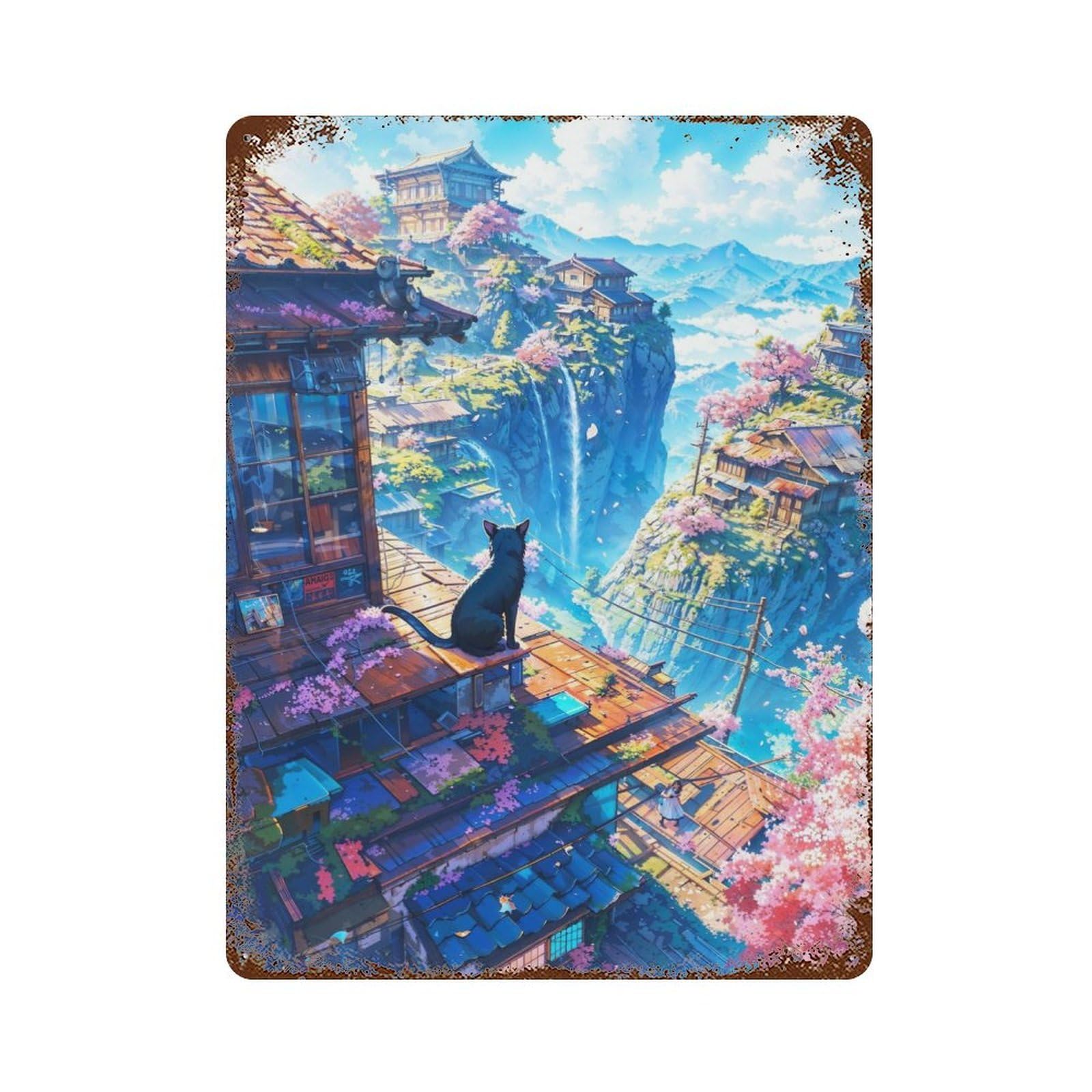 Japan Mountain Village Cat Retro Metal Sign 15.7"x11.8", Ideal for Cafe, Home Bar And Lounge Decor