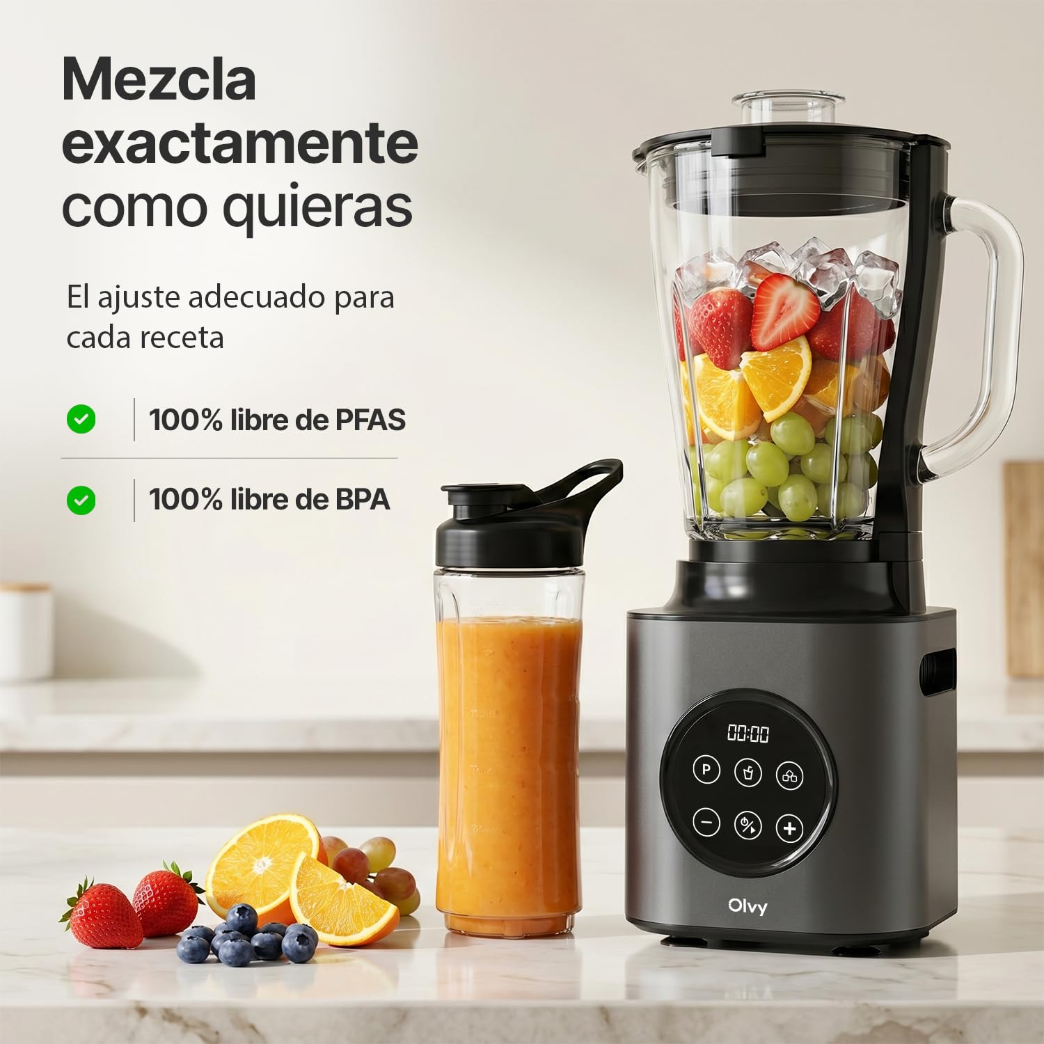Olvy Batidora Smoothie Maker 1500ml Vaso To-Go 1000W 9 Velocidades Pantalla-Grey