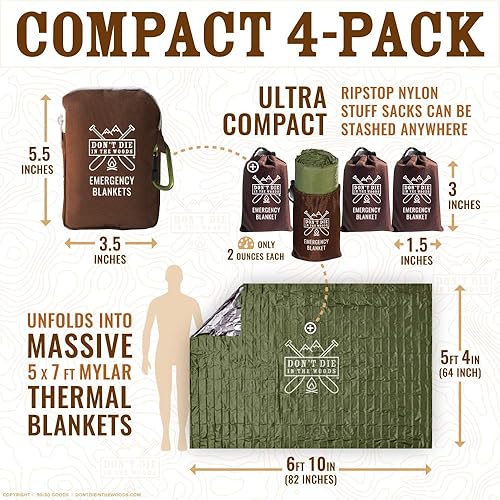 Miniatura 13 de Don't Die In The Woods - Freakin' - Mantas de emergencia enormes [paquete de 4] mantas espaciales térmicas extragrandes de Mylar con bolsas