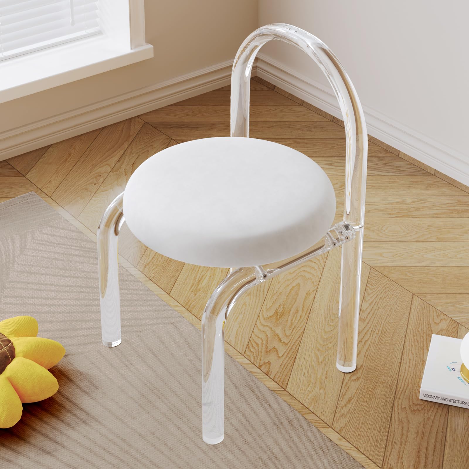 Miuuod Stilvoller Schminkstuhl aus Kristallacryl, niedlicher Schminktischstuhl, Acrylstuhl im Cartoon-Stil mit weich gepolsterter Sitzfläche für den Frisiertisch