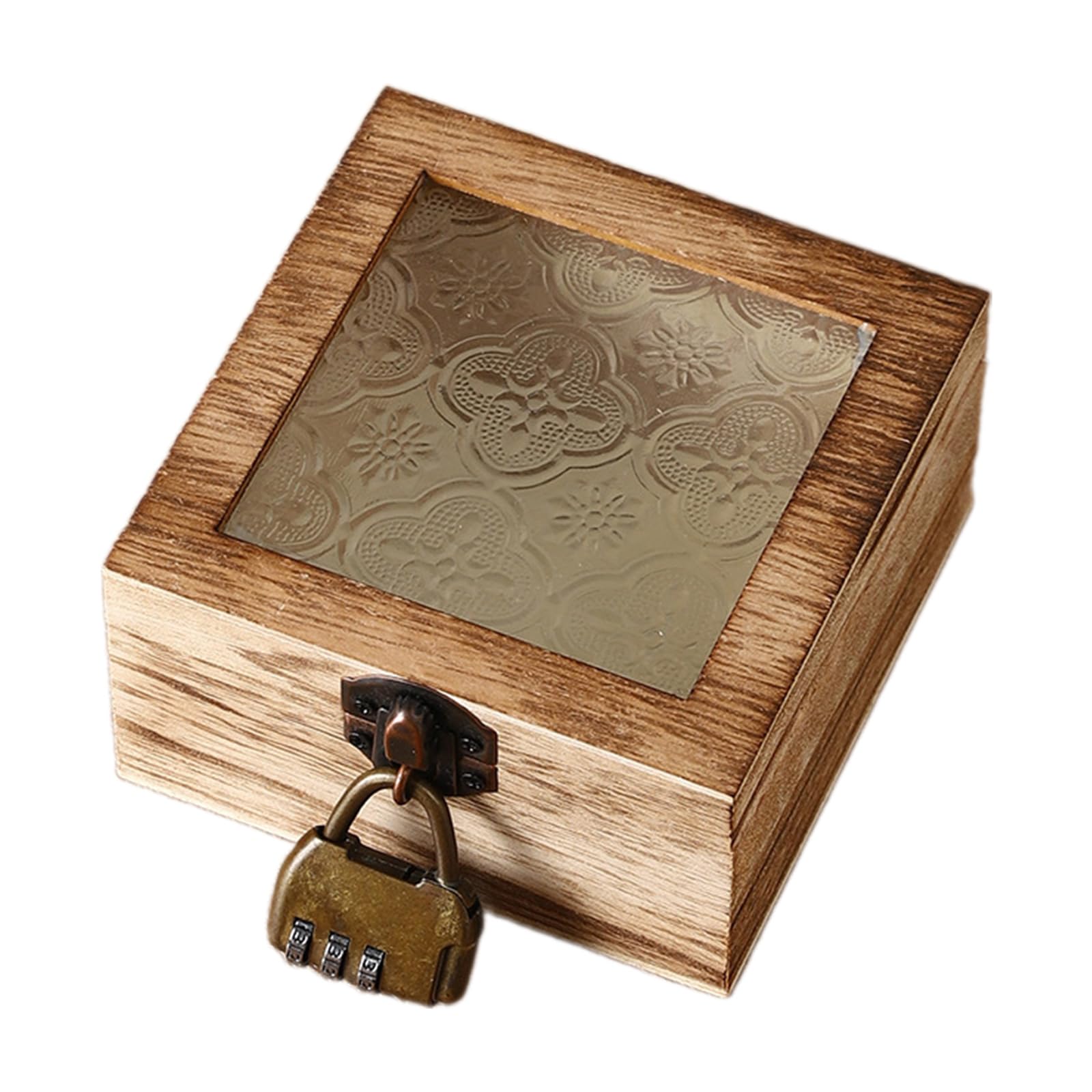 Woedpez Begonia Pattern Jewelry Organiser with Glass Lid and Wooden Frame Storage Box for Vanity Table Decoration Spacious Jewelry Display Box
