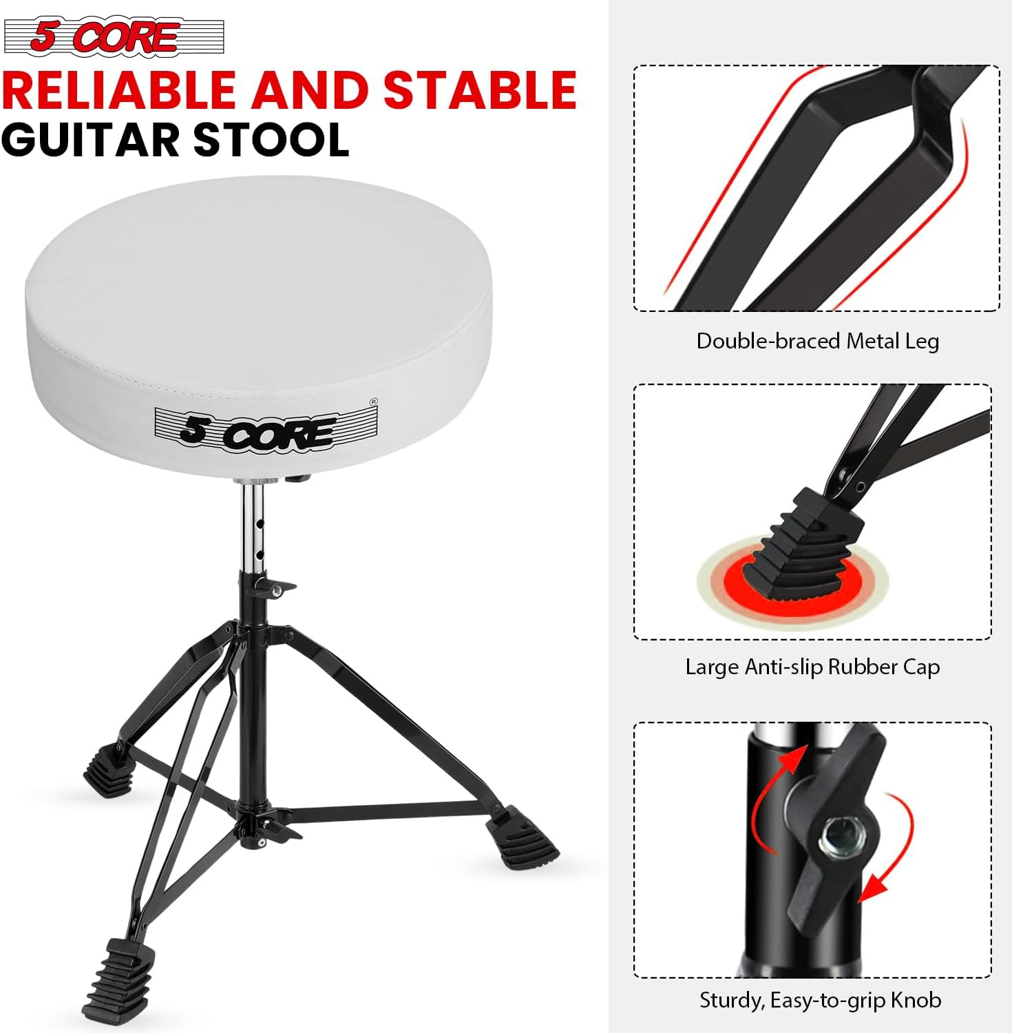 5 CORE Drum Throne 3" Thick Padded 21.5" Adjustable Guitar Stool Drummer Chair Heavy Duty 200 lb Capacity Seat for Adults & Kids White - DS BLKCH WH