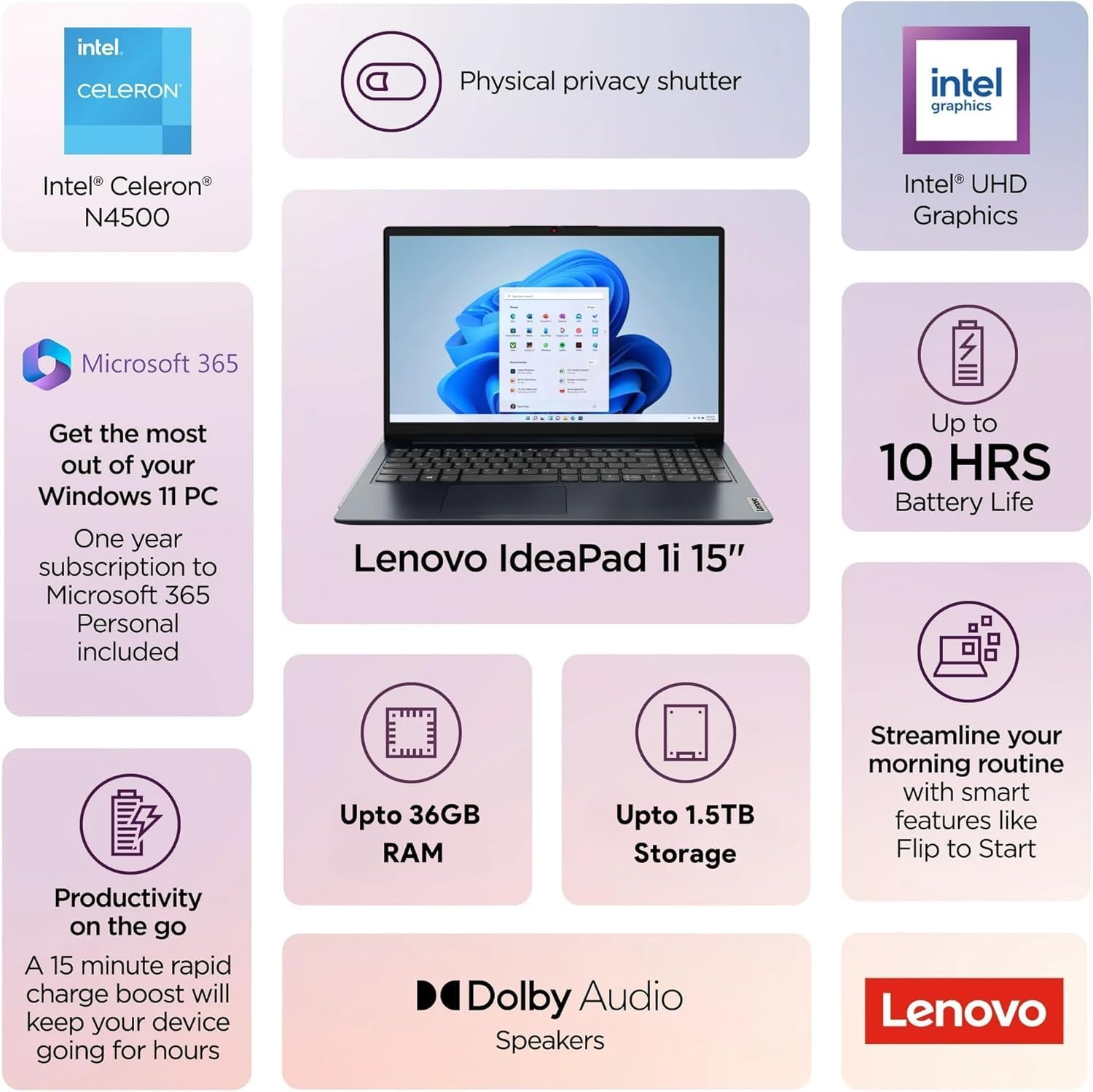 Lenovo IdeaPad 15.6 inch Laptop Computer with Microsoft 365 Home and Business • 20GB RAM • 1TB PCIe SSD • Intel Core • Wi-Fi 6 • 1TB Cloud Storage • 11HR Battery • Win 11 • WOWPC Recovery USB