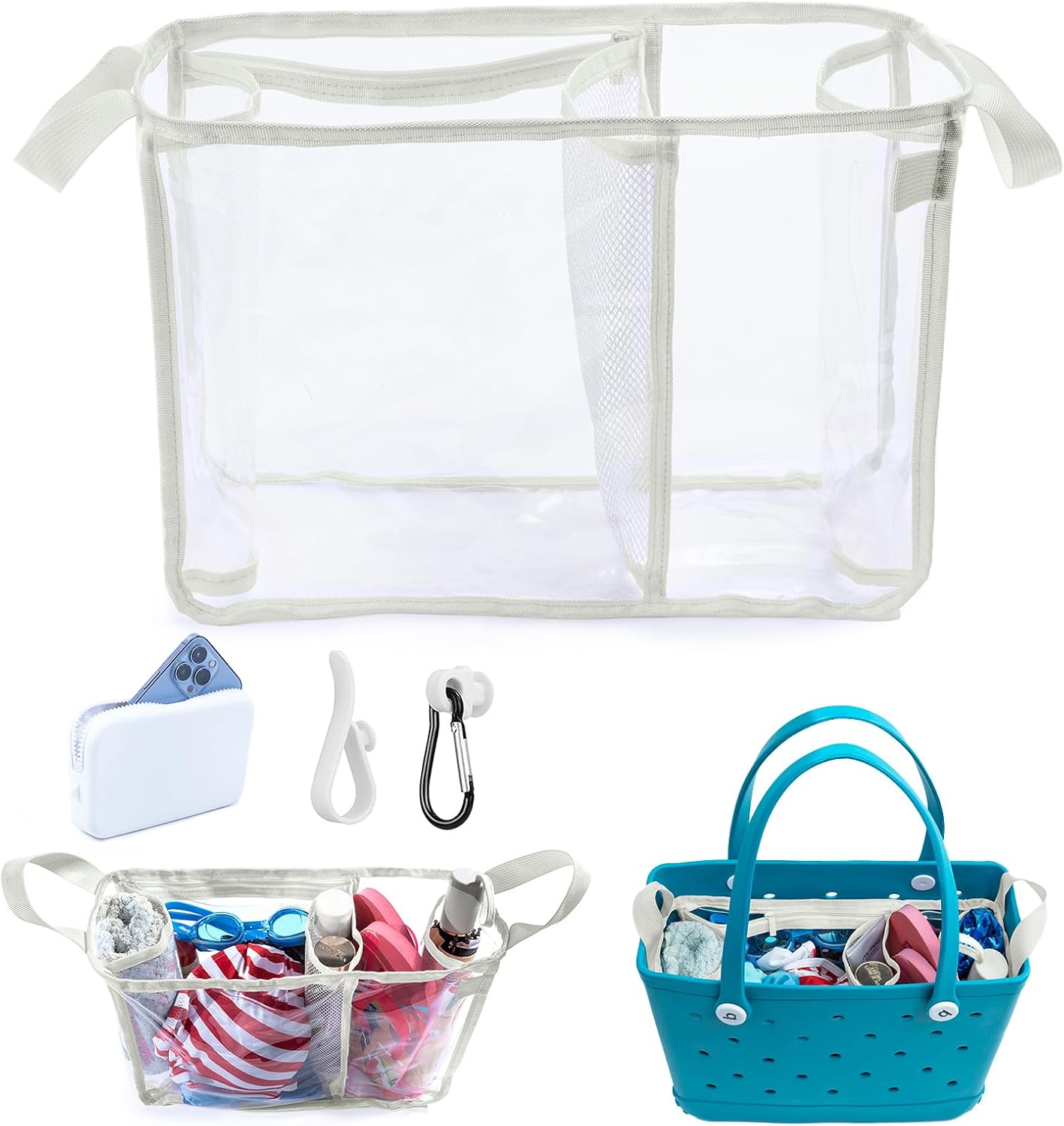 Clear Beach Bag Organizer Insert with 3pcs Accessories for Medium Bogg Bag Inserts -Beach Tote Bag Divider with Sunglasses Holder, Phone Holder and Clips Hooks - Beach Tote Insert Organizer Liner