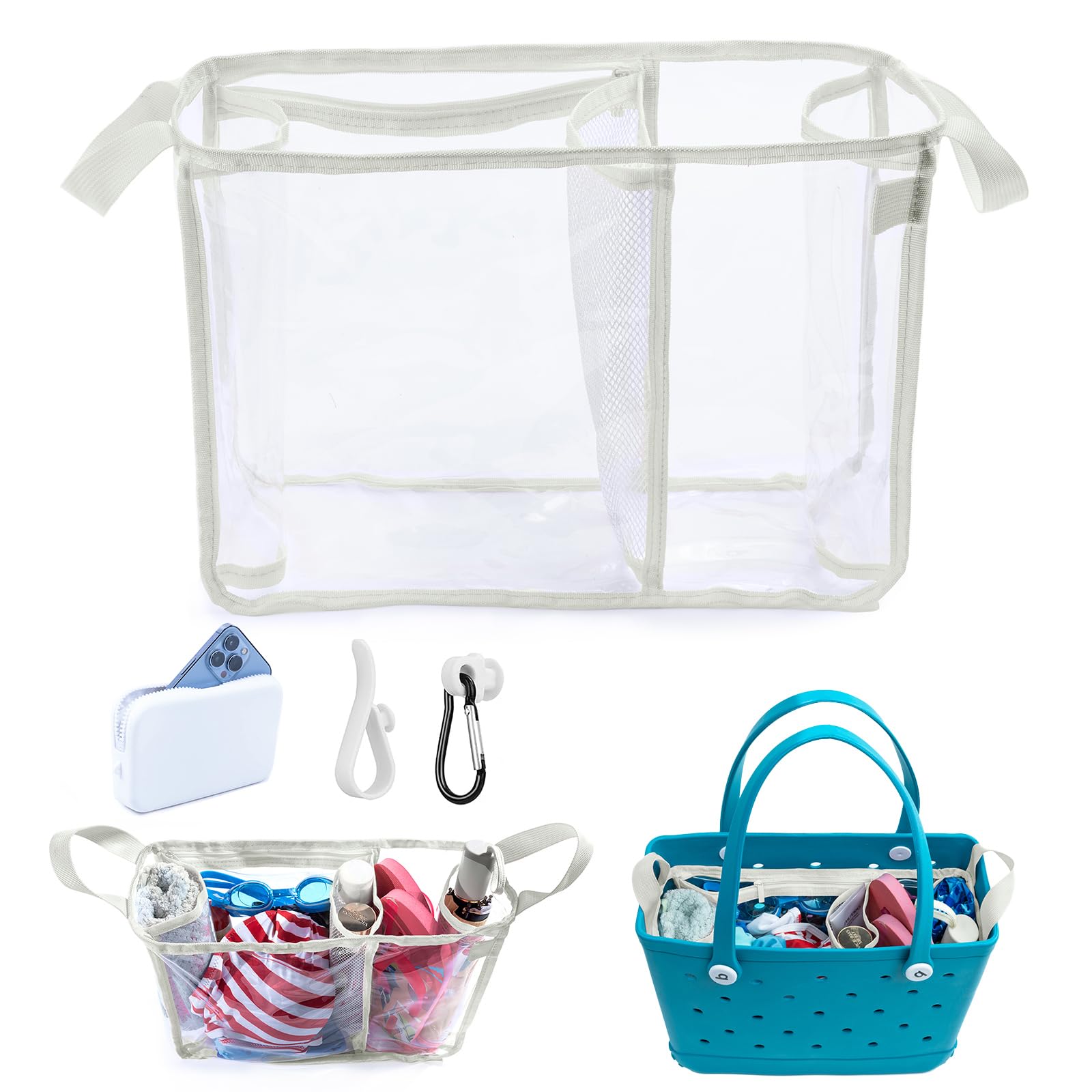 Clear Beach Bag Organizer Insert with 3pcs Accessories for Medium Bogg Bag Inserts -Beach Tote Bag Divider with Sunglasses Holder, Phone Holder and
