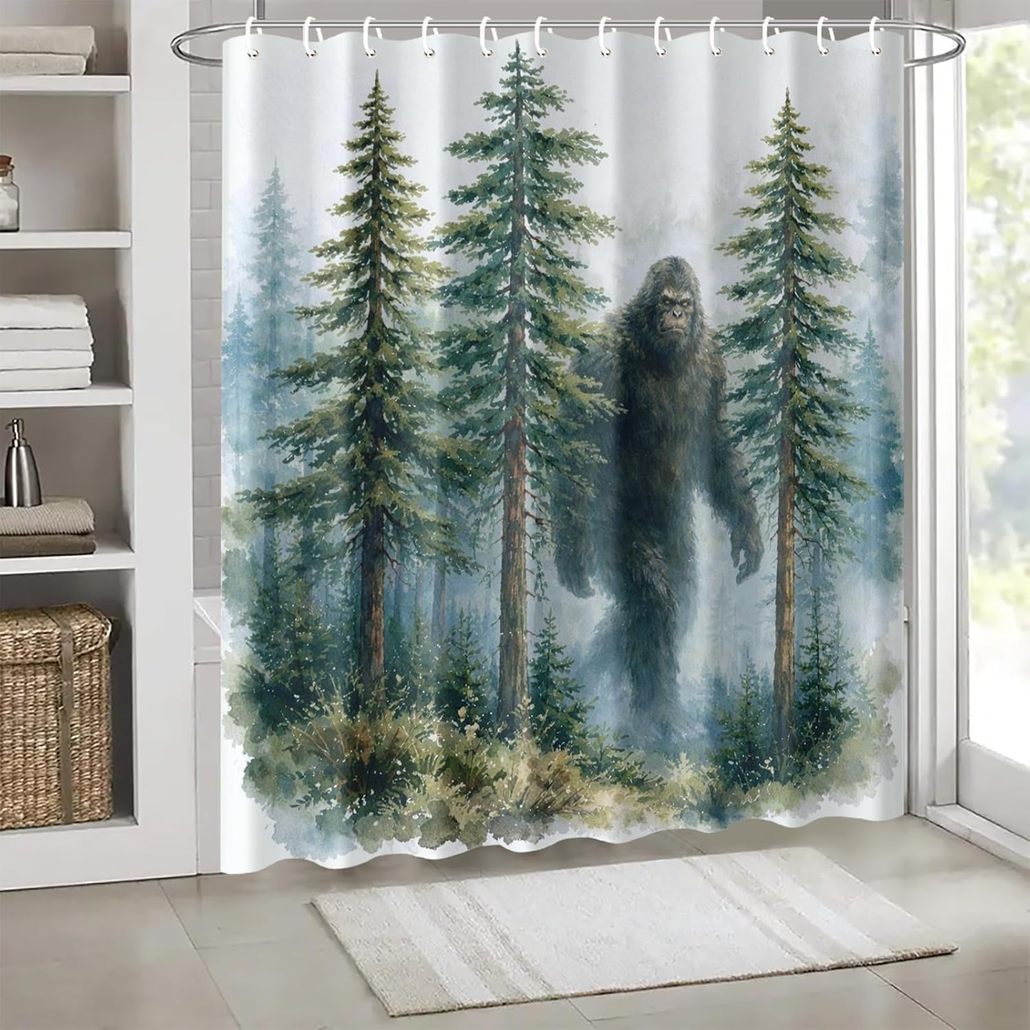Bigfoot Shower Curtain 70.8x70.8 Inch with Hooks Sasquatch Walking in Forest Design Fabric Bathroom Decor Forest Landscape Nature Scene for Bathtub