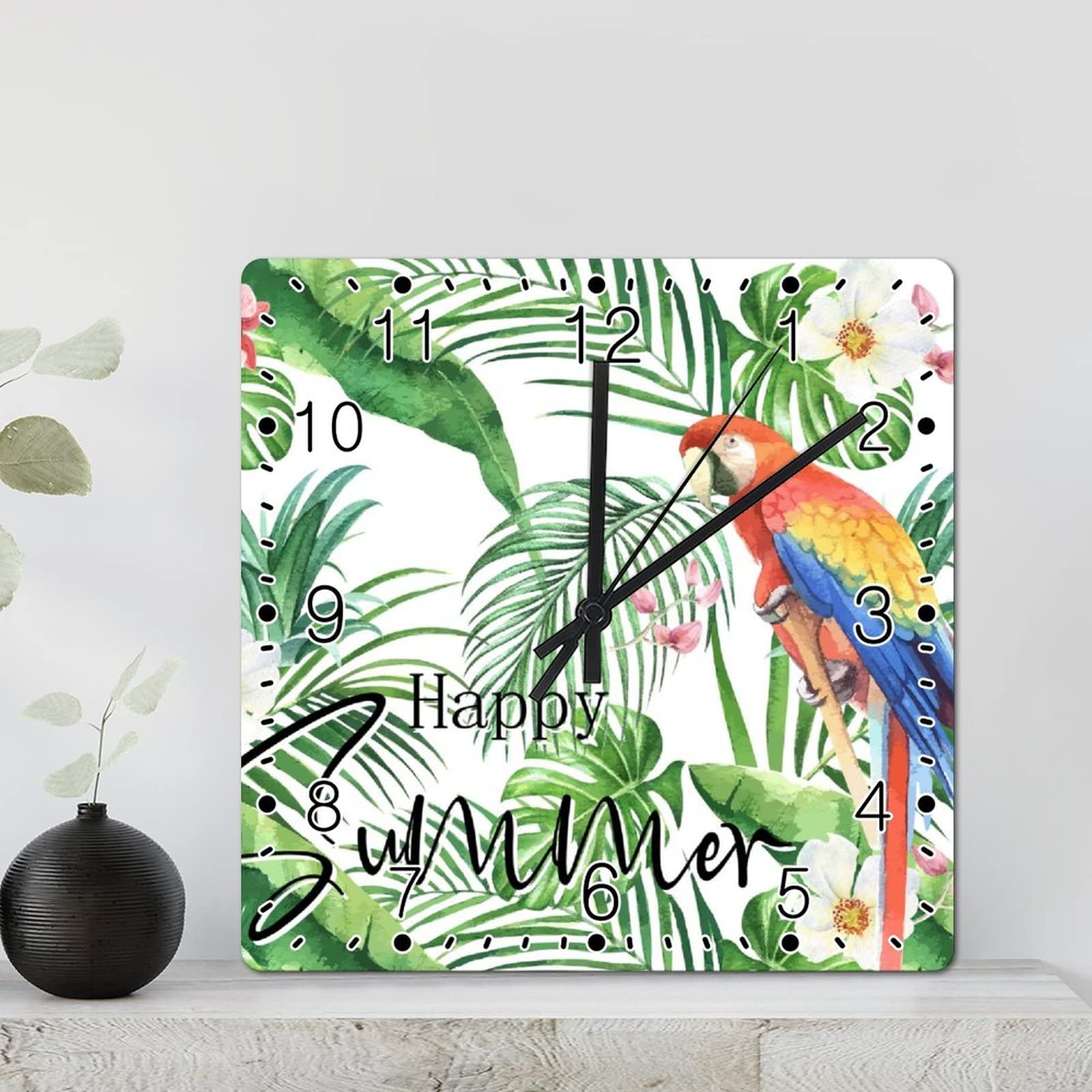 Grande horloge murale carrée perroquet tropical, décoration rustique à piles pour cuisine