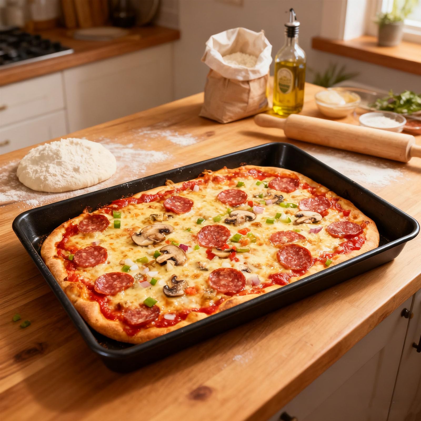 Teglia da forno rettangolare in alluminio rivestita nera da 5 cm di profondità antiruggine per pizza a crosta spessa
