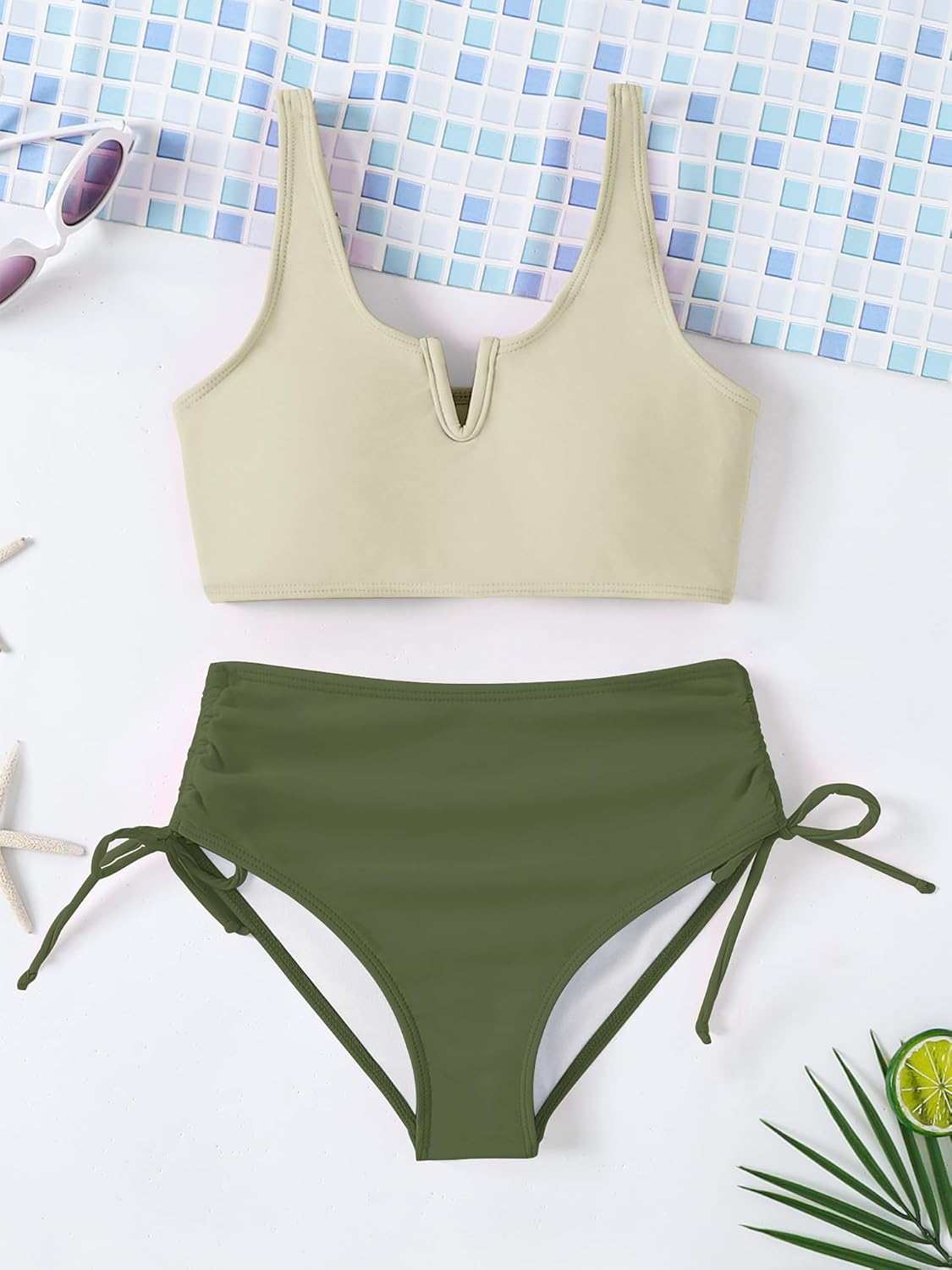 AMAWMW Girls Swimsuit Solid Color Cutout Bikini Sets Adjustable Straps Two Piece Bathing Suit Swimwear with Chest Pad 7-16Y - Image 6