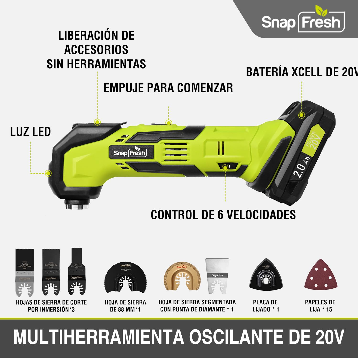 SnapFresh Herramienta oscilante inalámbrica, multiherramienta de 20 V con 6 velocidades, ángulo de oscilación de 3,2°, 22 accesorios, batería de 2,0 Ah y cargador rápido, kit de herramientas para
