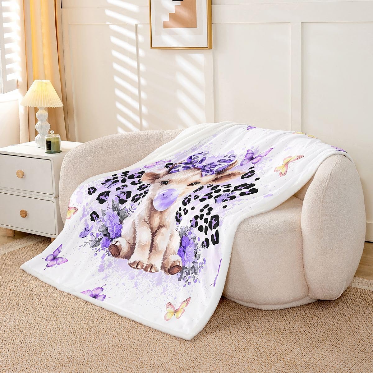 Erosebridal Farmhouse Highland Cows Leopard Print Purple Girls Fleece Blanket Queen 90"x90" | Wildlife Animal Sherpa Blanket Butterfly Flowers Cartoon Cow Warm Fuzzy Plush Throw