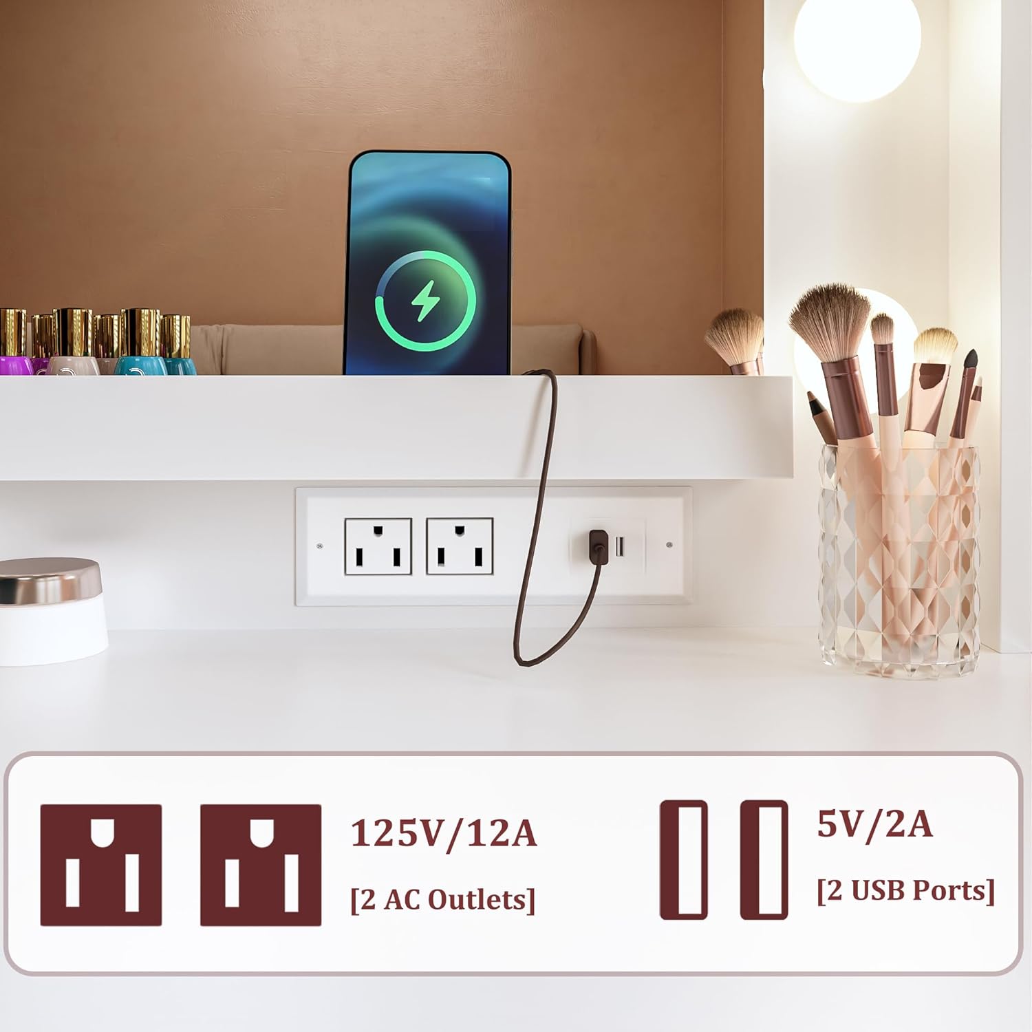 Vanity Desk with Mirror and Lights, Makeup Vanity with Large Mirror & 13 Lights, White Vanity with 5 Drawers, 3 Lighting Modes Adjustable, Vanity Desk with Power Outlet for Bedroom