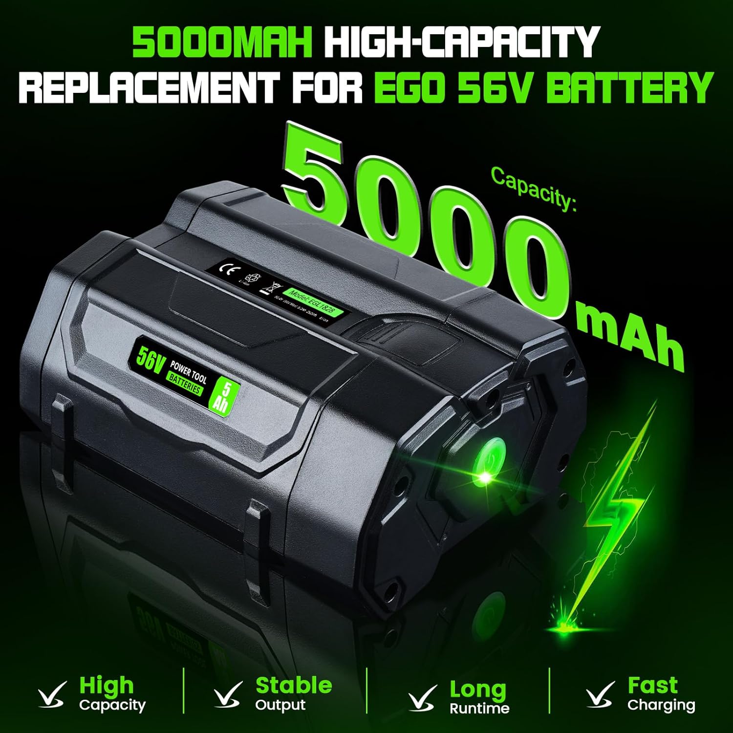 1-Pack 56V 5.0Ah Replacement for EGO 56V Battery BA2800 BA5600T BA1400 Compatible with EGO 56 Volt CS1604 CS1804 CS1403 HT2400 LB6504 LB5804 LB6500 LB4800 HTA2000 PH1400 Power Tools