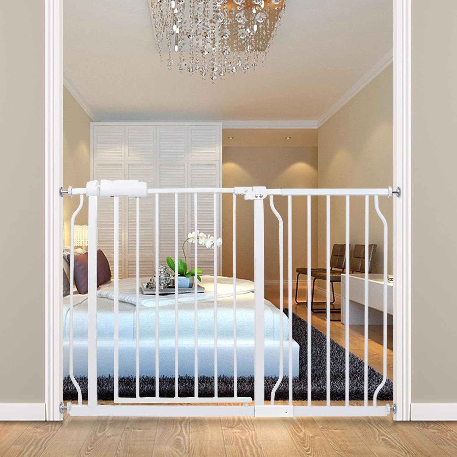 Extra Wide Baby Gate Tension Indoor Safety Gates White Metal Large Pressure Mounted Pet Gate Walk Through Long Safety Dog Gate for The House Doorways Stairs (43.31"-48.03"/110-122CM, White)