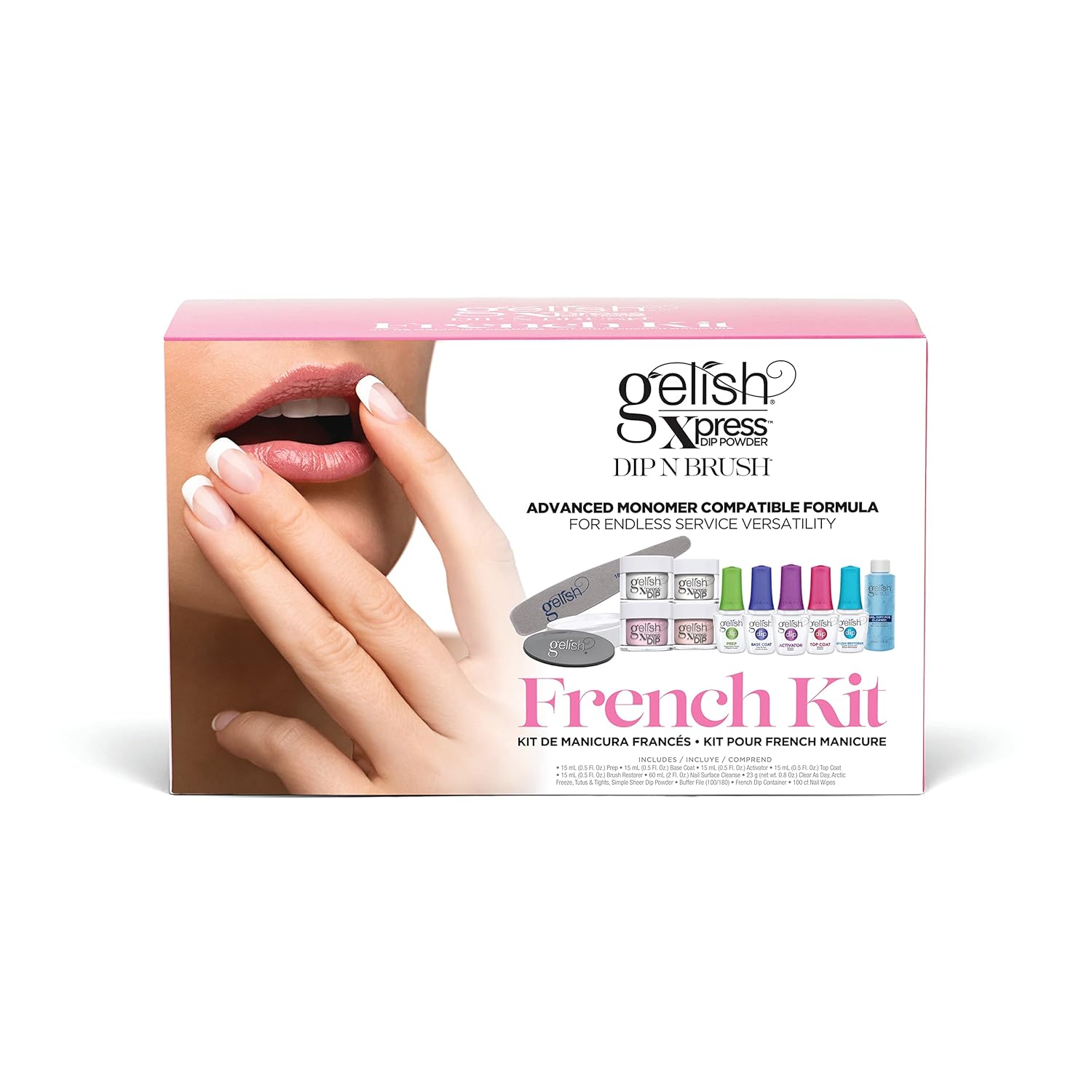 Gelish Xpress Dip N Brush French Kit - Powder Colors, Built-In Activator, 21+ Days Chip Proof Wear, Nail Dip Powder, Nail Kit, Dipping
