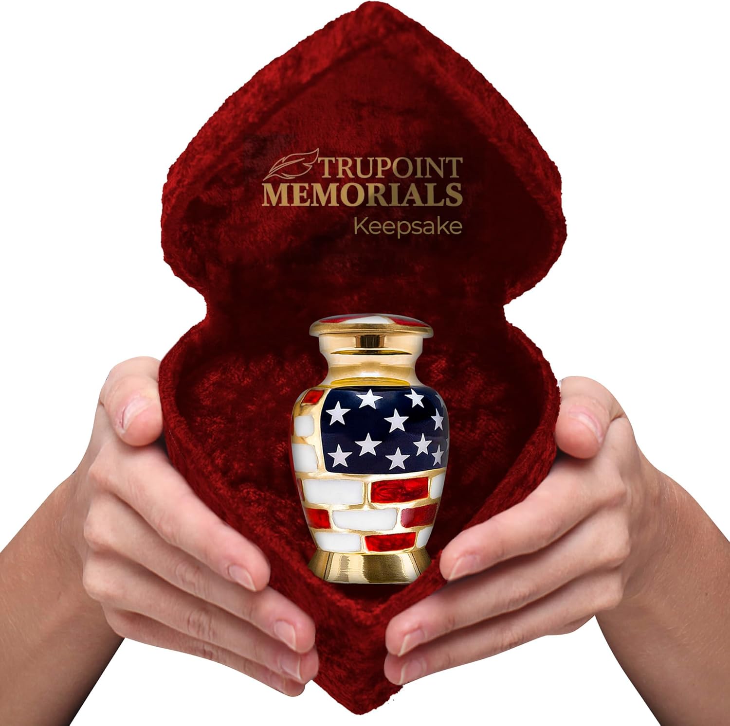 Trupoint Memorials Small Urns for Human Ashes Keepsake, Decorative Mini Cremation Urn for Adult Men and Women, Small American Flag with Velvet Heart Box