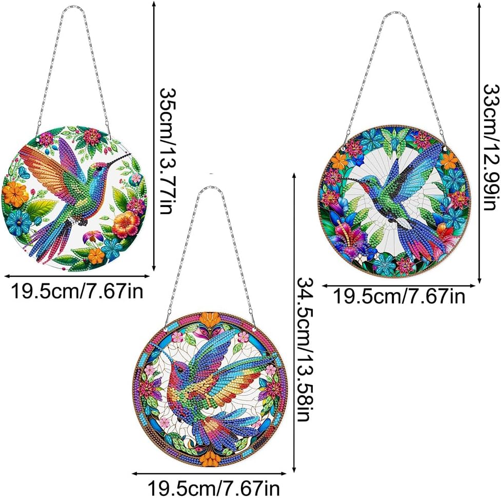 C'eitura 3pcs Hummingbird Diamond Art Suncatchers - DIY Crystal Gem Painting Hanging Pendants, Double-Sided Diamond Art Kit for Home Garden Window Decor, Ideal Spring Craft Gift for Adults Beginner