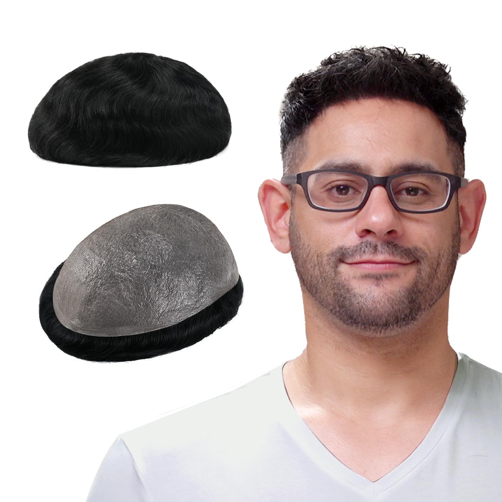 Lordhair Toupee for Men with 100% European human hair 8x10 inch Hairpiece for Men 0.03mm Ultra Thin Skin Hairsystem All V-looped Mens Toupee (Natural Black #1A)