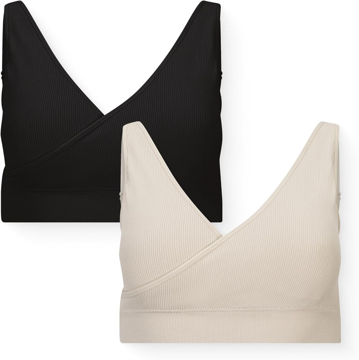 Pack de 2 sujetadores de lactancia cruzados Essentials sin aros para maternidad | Sujetador de lactancia cruzado de canalé suave con tirantes ajustables. Ajuste premamá elástico y sin cables para descansar y dormir todo el día.