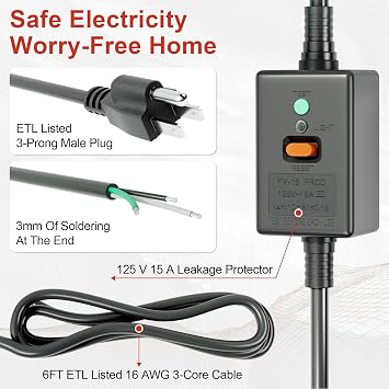 GFCI Plug, 3 Prong 3-Wire 6FT Extension Cord