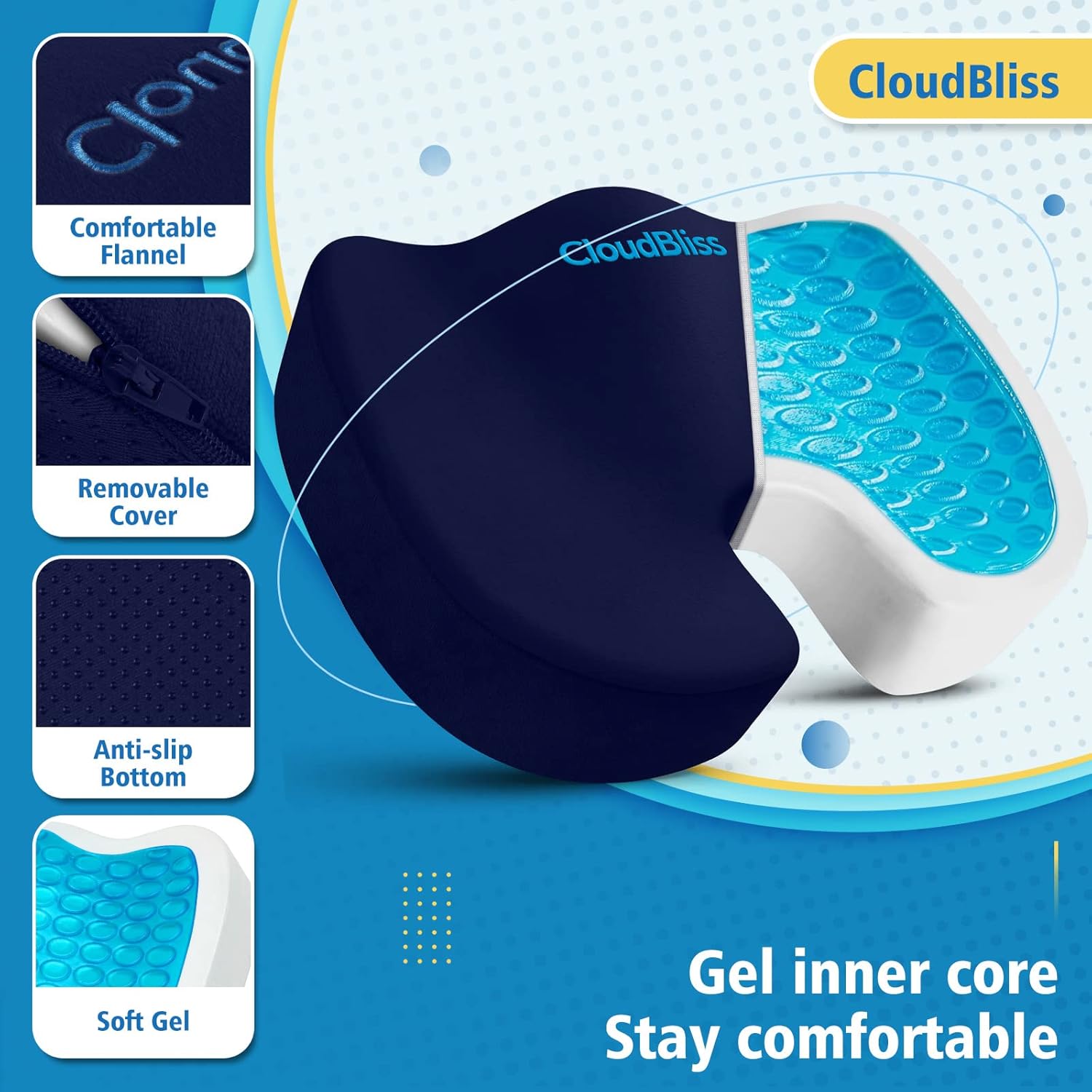 CloudBliss Gel Seat Cushion - Cooling Gel Enhanced, Memory Foam, Ergonomic Seat Cushion for Long Sitting for Office, Game, Car, Airplane (Large, Blue) - Image 3