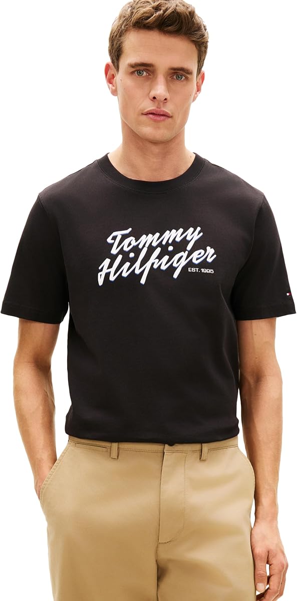 Tommy Hilfiger Men's Short Sleeve Cotton Graphic T-Shirts with Printed Script Logo Design