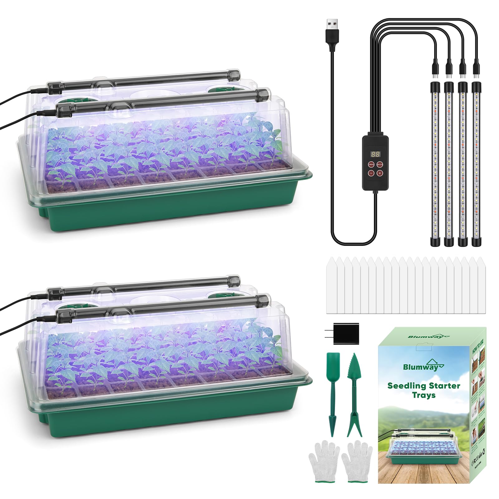 Ulepszona taca startowa do sadzonek z oświetleniem do wzrostu, 80 komórek, taca na sadzonki, z zestawem Humidity Dome/Indoor Grow Kit do głęboko zakorzenionych sadzonek, timer 1-24 godzinny, białe i