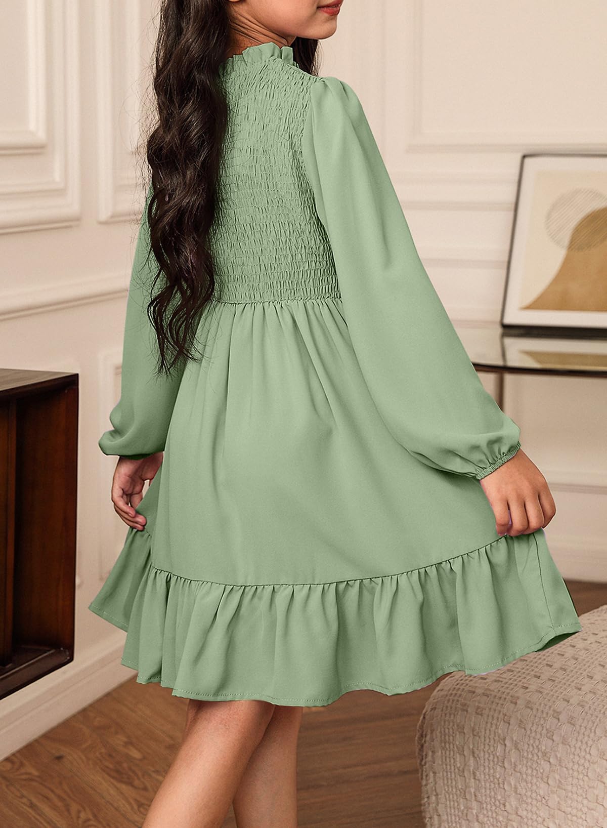 Snapklik.com : Blibean Tween Girl Fall Long Sleeve Dress Big Kid Boho  Ruffle Neck Smocked Dresses Semi Formal Party Swing Dresses Young Solid  Casual Trendy Dressy Outfit Clothes Sage Green Size 14