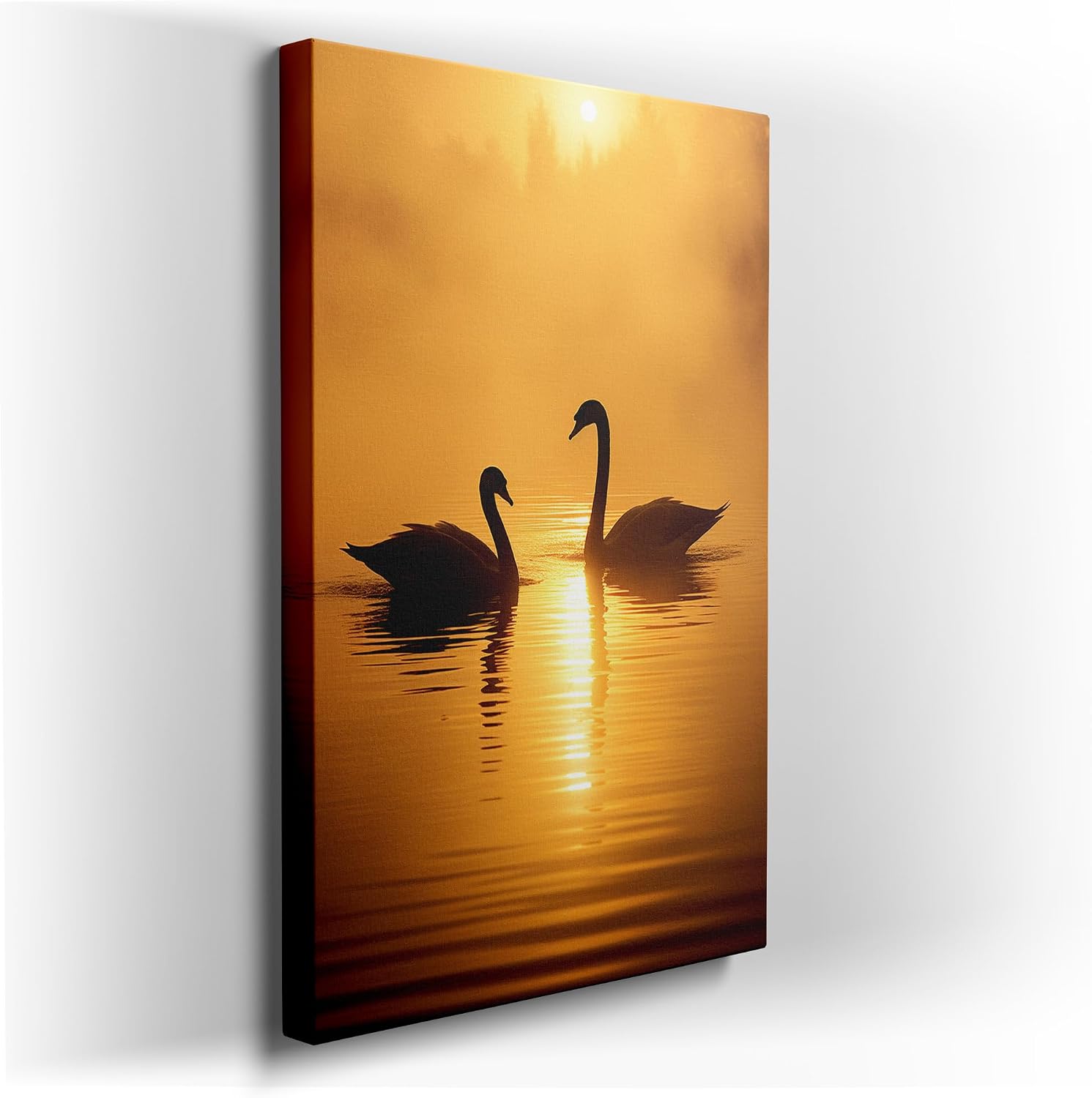 Canvas for Living room. Swans at Sundown: A Serene Symphony in Golden Hues, 27 x 18 inch Canvas Wall Art - Contemporary Masterpieces - Modern Home Decor