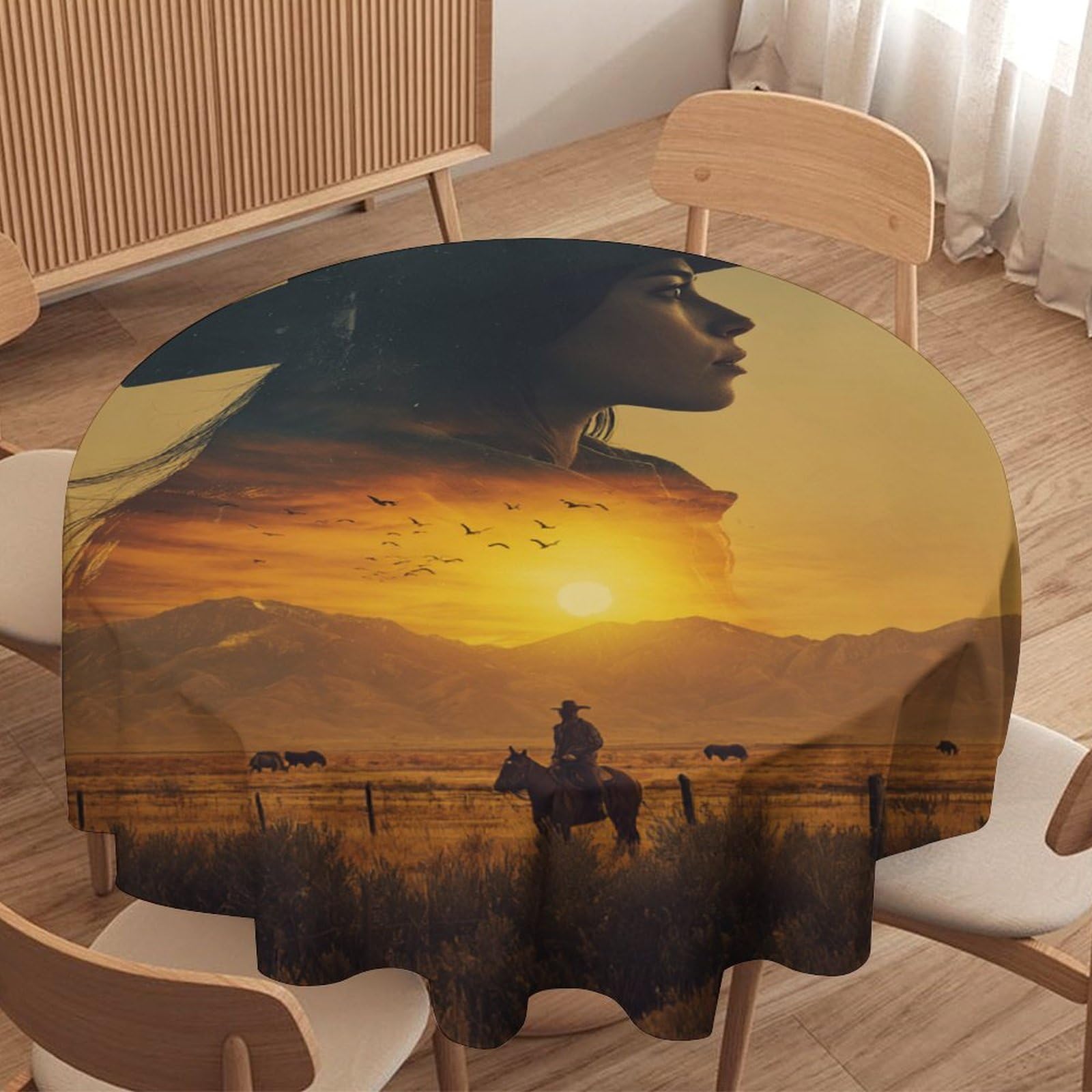 LUYYSKY Classic Western Cowgirl Silhouette Round Tablecloth Retro Oil Painting Sunset Cowboy Theme Animal Horse Bird Washable Decor for Table Cover for Kitchen-127 Wx127 L cm