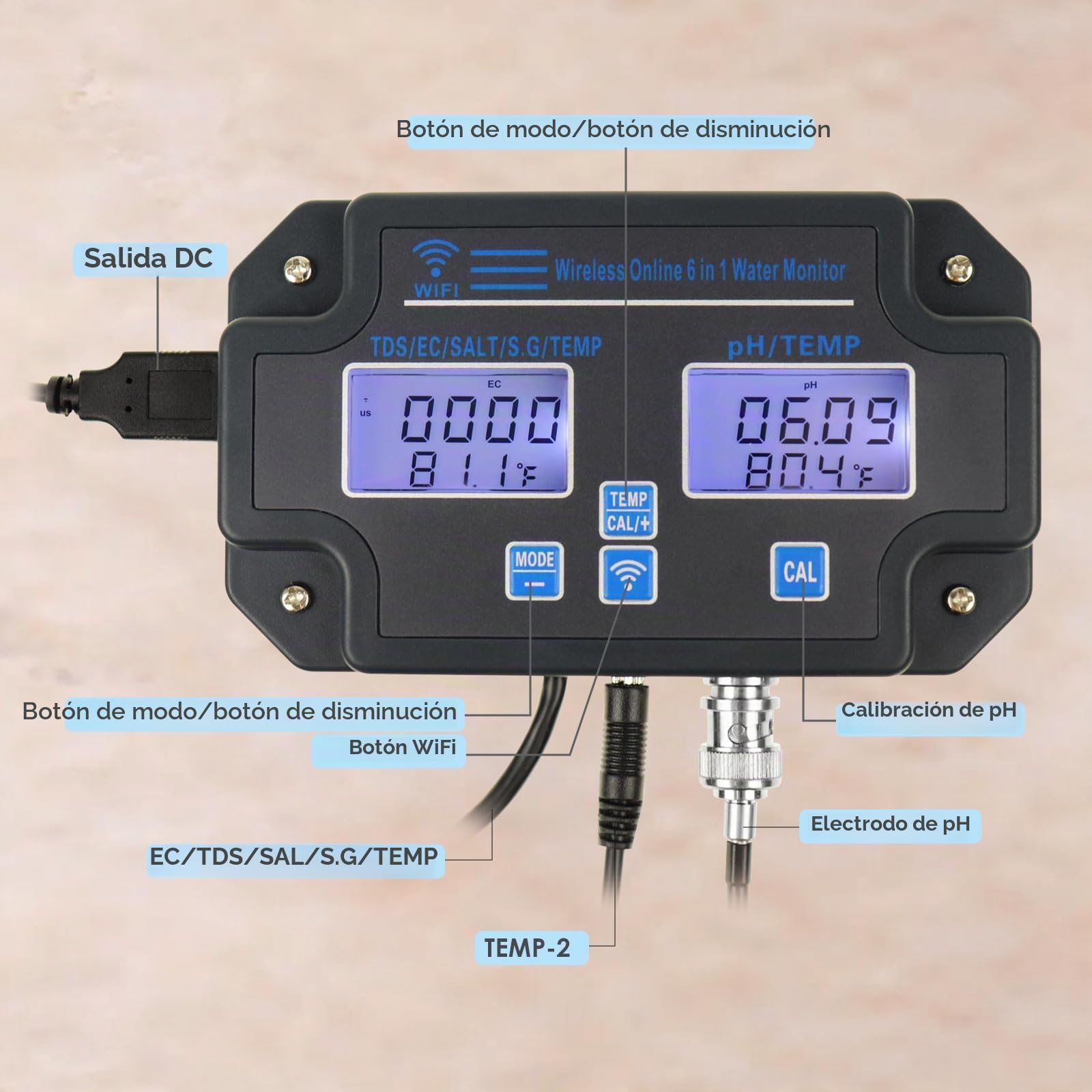 EC - Monitor de pH para Hidroponía, Probador de Calidad del Agua 6 en 1 con Wi-Fi, Medidor de pH, Monitor Continuo de pH PPM, EC CF, Temperatura de Humedad del Sistema de Cultivo DWC Interior, Tanque