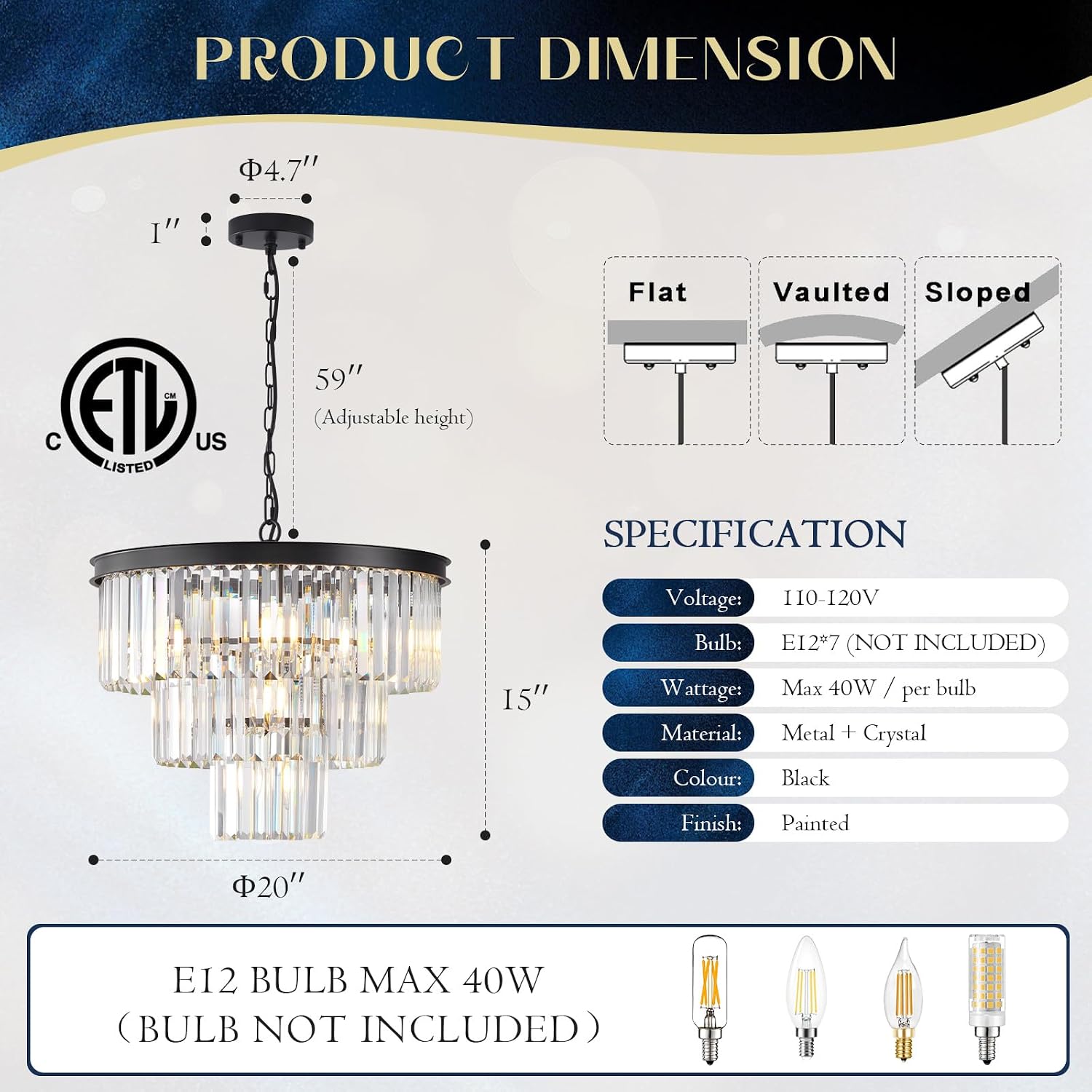 Crystal Chandeliers Black Modern Round 20" Chandelier 7 Lights 3-Tier Ceiling Pendant Light Fixture Luxury K9 Crystal Lighting for Living Room Dining Room Bedroom Kitchen Foyer