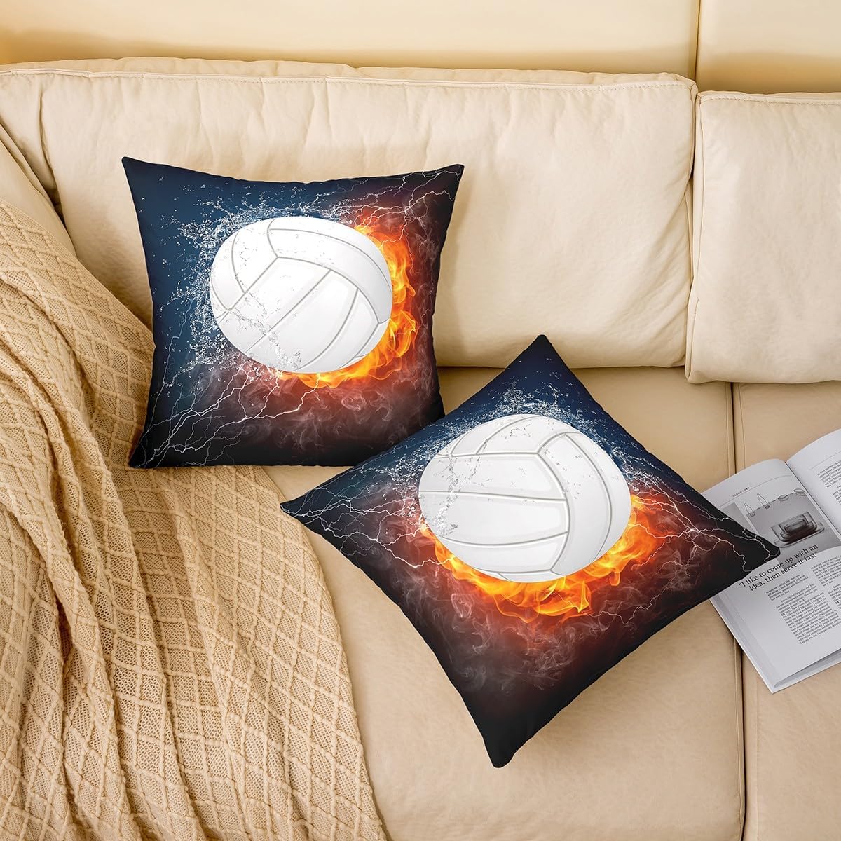 Manfei Art Water and Fire Print Pillow Case Cover,Volleyball Pillow Cover 24"x 24" Soft Square,Teens Ball Sports Gaming Decorative Throw Couch Sofa Pillow Cover 2 Pack image 4