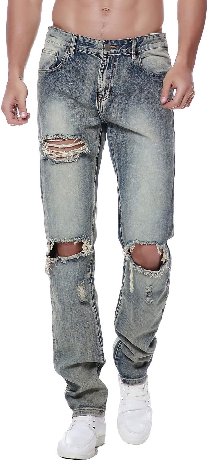 Previn Men's Ripped Denim Jeans Distressed Slim Trousers Destroy Holes Stretch Biker Pants