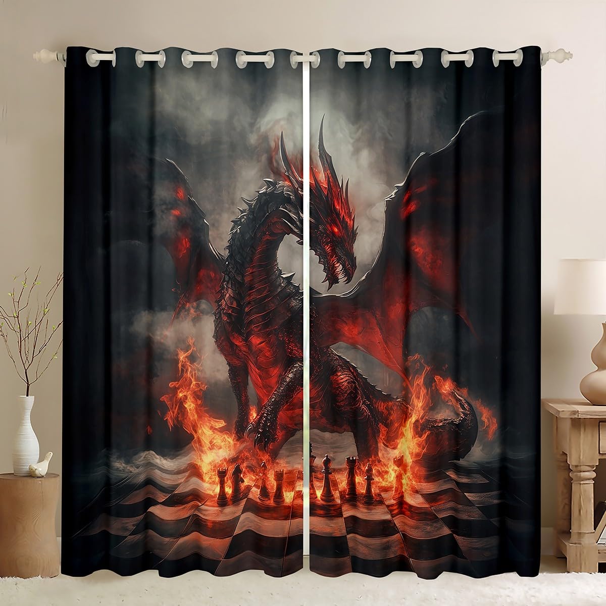 Rideau de fenêtre dragon 3D au motif faune occidentale et damier chic pour salon