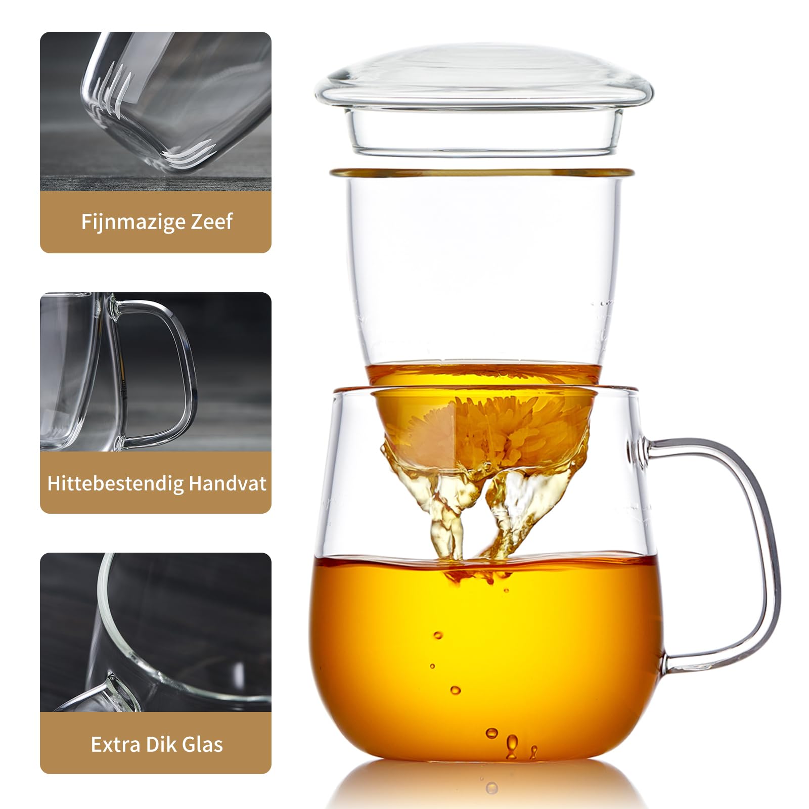 Gohytal Theemok met deksel en zeef, 420 ml, dubbelwandige glazen theekop, borosilicaatglas, theeglazen met handvat, vaatwasmachinebestendig, ideale theemaker, kerstcadeau voor mannen en vrouwen