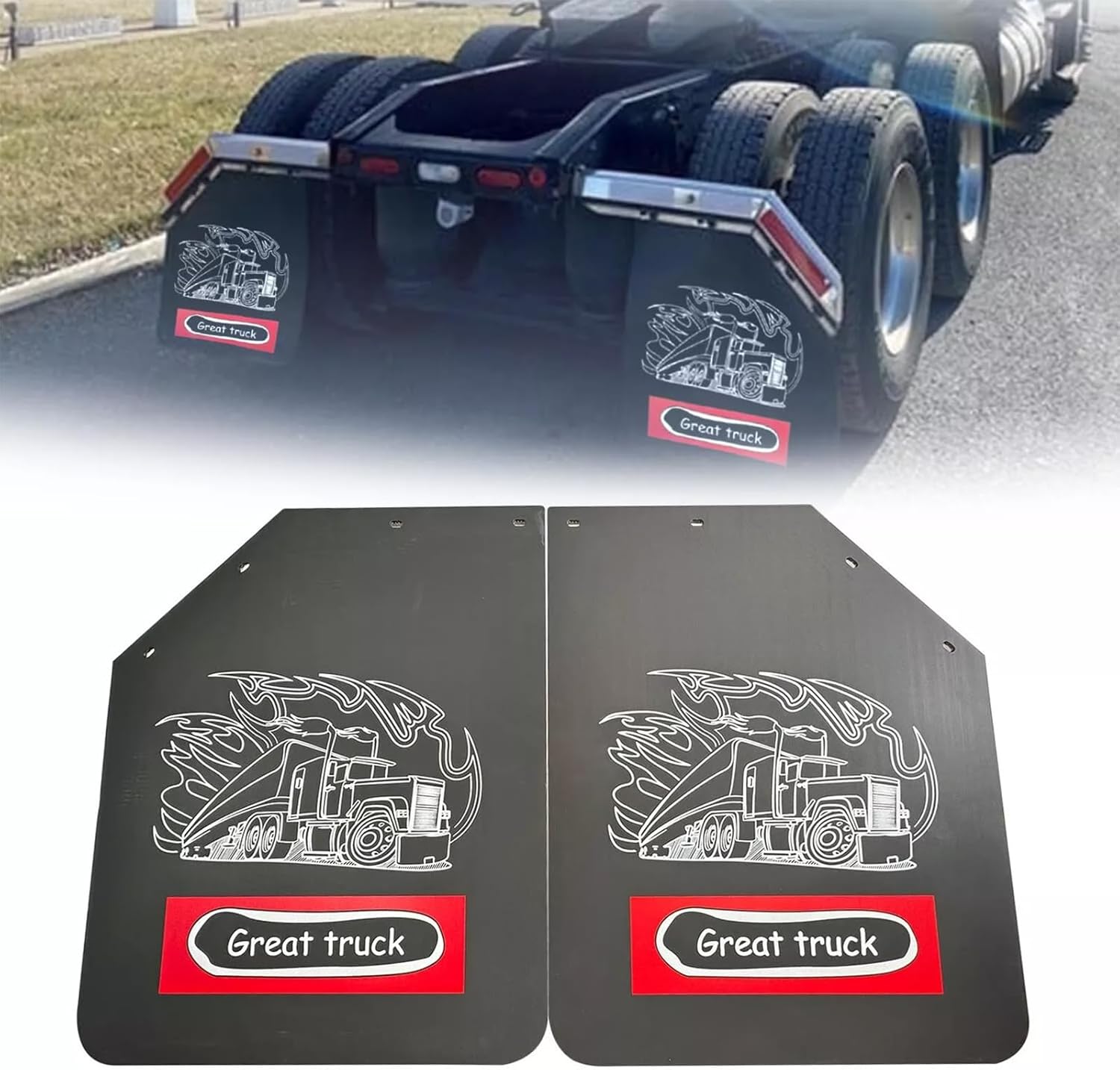2PCS Angled 24" x 30" Mud Flaps Splash Guard with Great Truck Pattern Replacement for Semi Truck Trailer Heavy Duty 1/5" Thick Polymer + PE