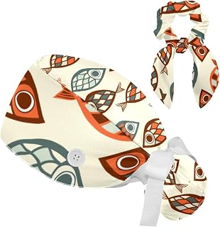 FVQL 2 Pieces Surgical Cap for Long Hair Scrub Cap with Hairband Nurse Cap, Fishes Floral Pattern