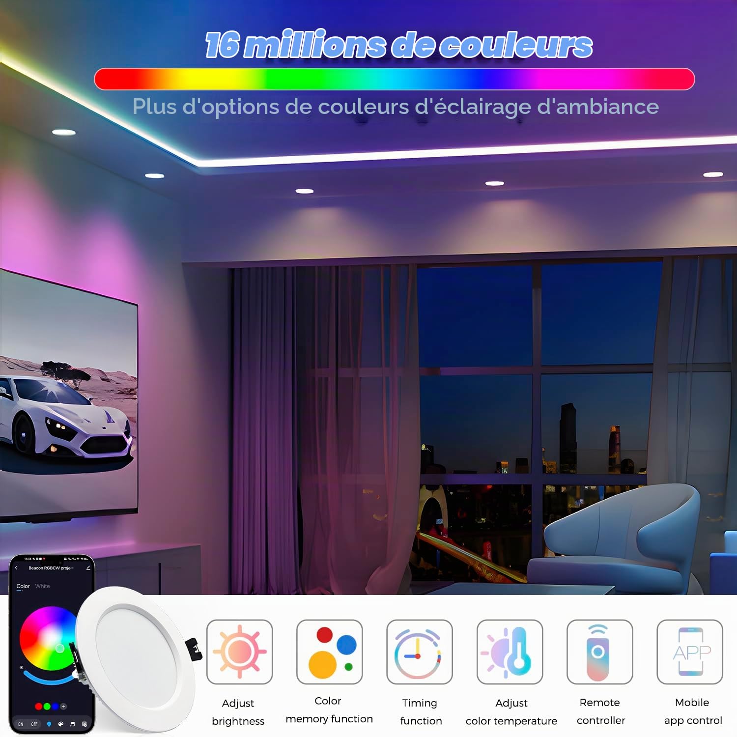 Lam(MS) pen 6x Spot encastré LED RGBW dimmable 10W, Bluetooth APP LED Spots Encastré RGB+blanc chaud+blanc froid Multicolore Downlight Smart Plafonnier 230V pour Couloir Salon Salle