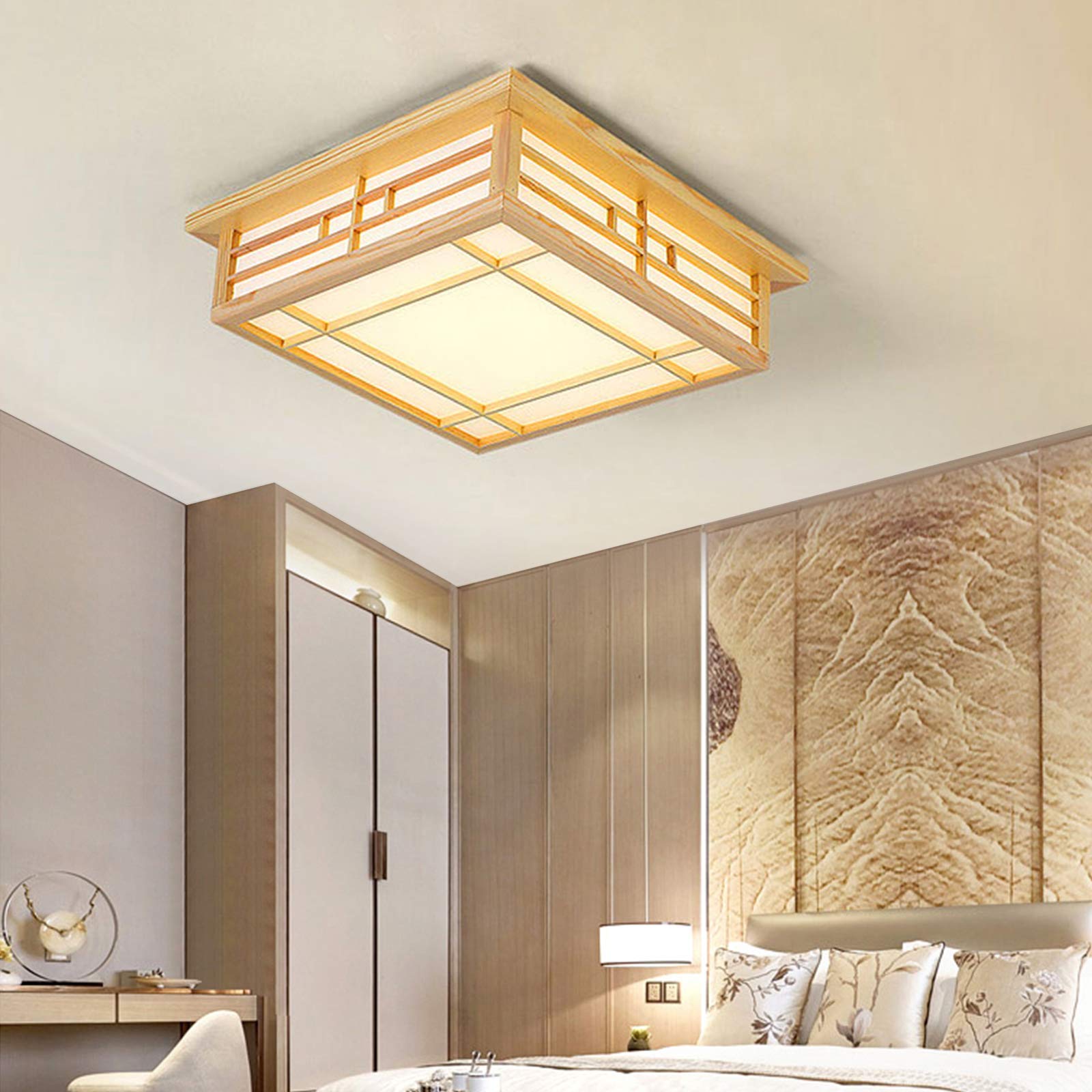 Lámparas colgantes japonesas - Rectangulares LED de madera Tatami - Pantalla blanca con marco de madera - Lámpara de techo para dormitorio y sala de estar - 35 x 35 x 11 cm - Elegancia y
