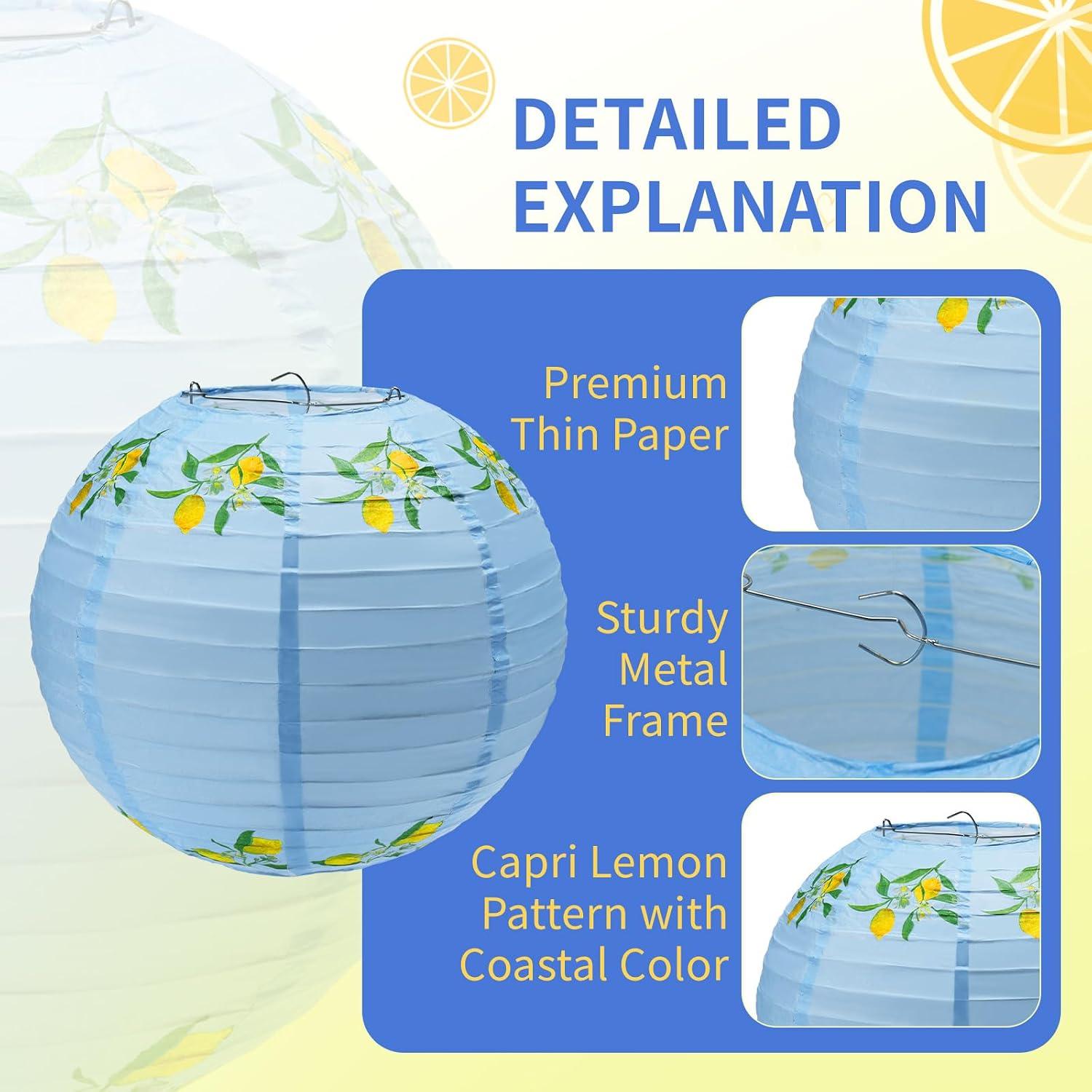 16 Pcs Amalfi Coast Paper Lanterns Party Decorations, 10'' Capri Lemon Pattern Lantern for Mediterranean Bridal Wedding Baby Shower, Italian Positano Themed Birthday Party Supplies Lemon Summer Decors