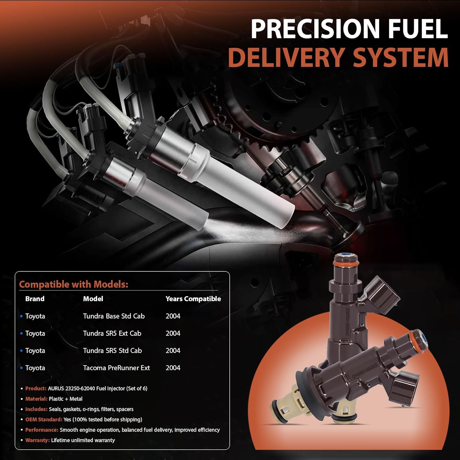 AURUS 6PC FUEL INJECTORS 23250-62040 COMPATIBLE WITH 1998-2002 Toyota, for 1999-2004 Toyota 4Runner, Tacoma, Tundra (set of 6)